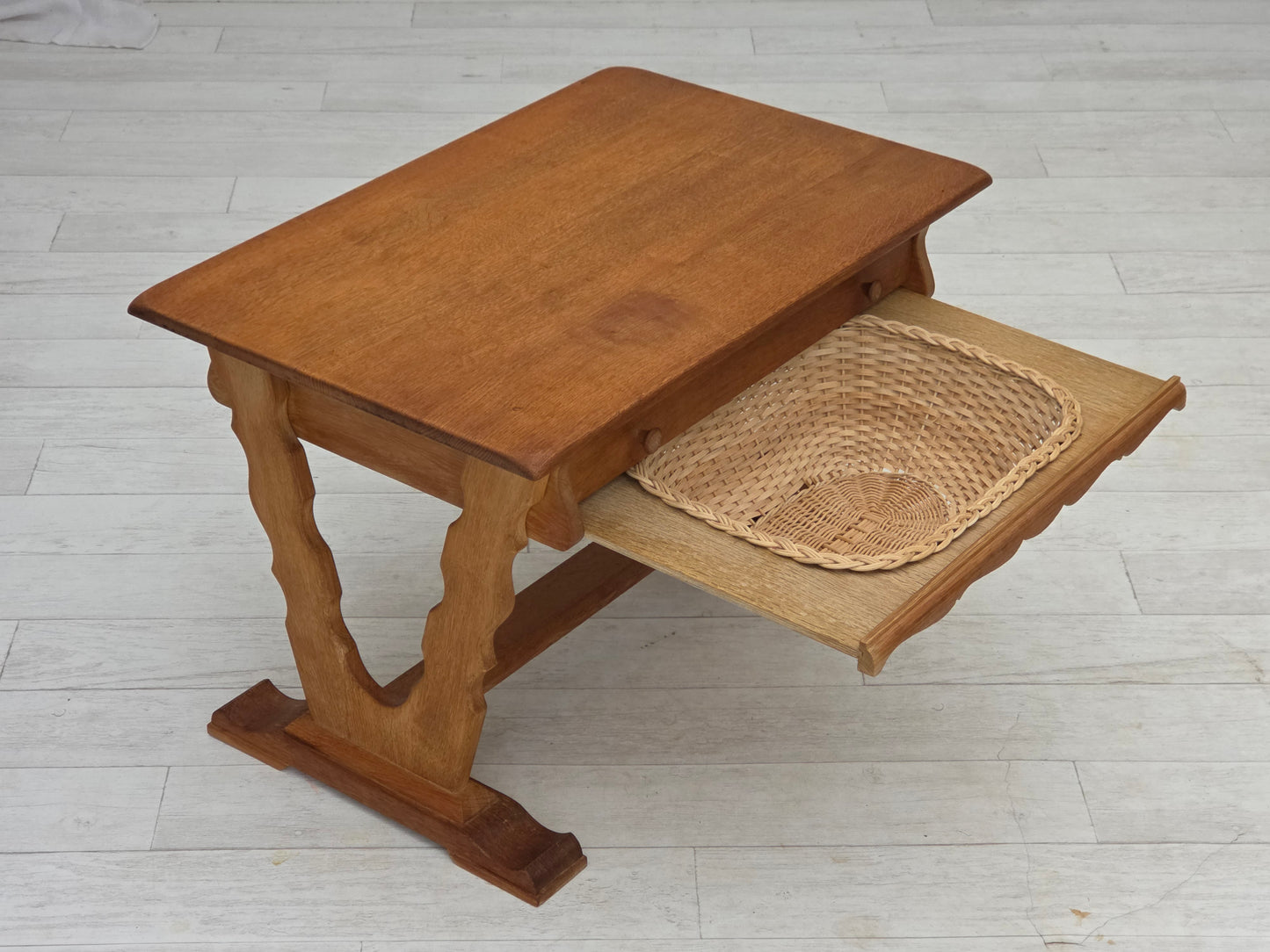 1970s, Scandinavian side table with drawers, solid oak wood, rattan.