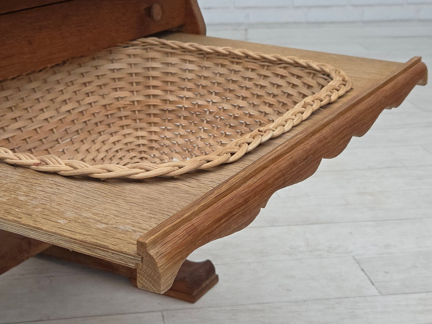 1970s, Scandinavian side table with drawers, solid oak wood, rattan.