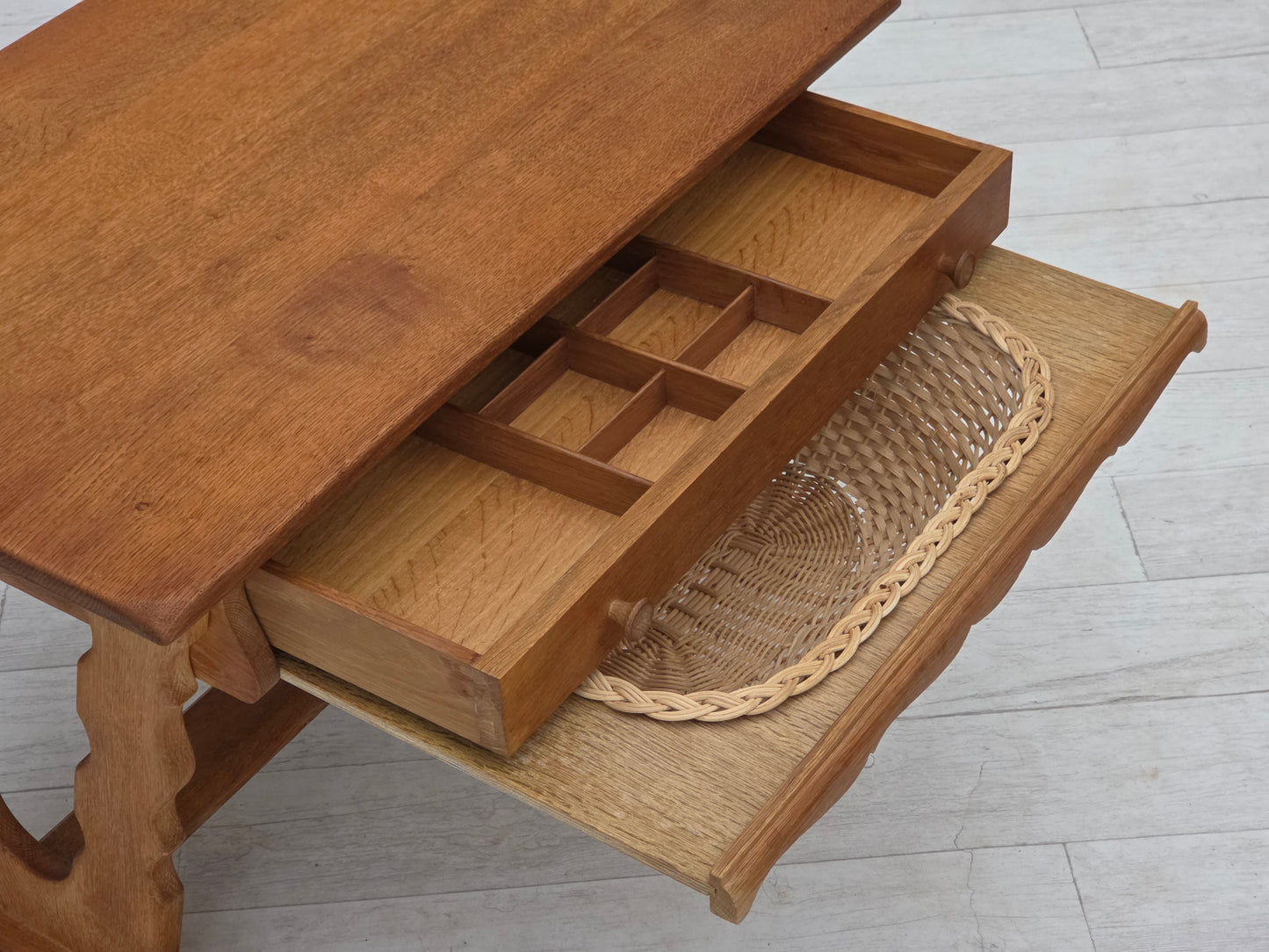 1970s, Scandinavian side table with drawers, solid oak wood, rattan.