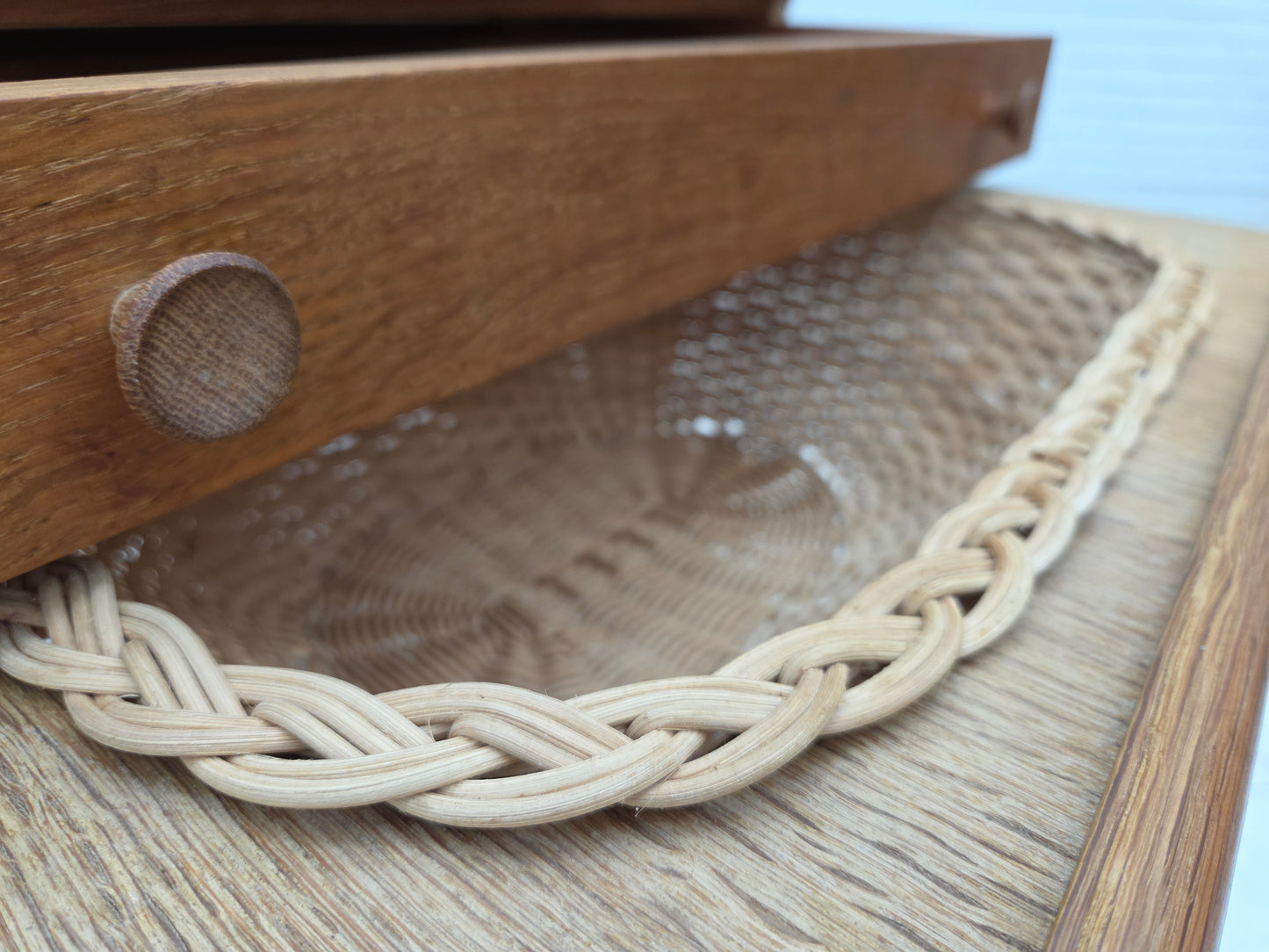 1970s, Scandinavian side table with drawers, solid oak wood, rattan.