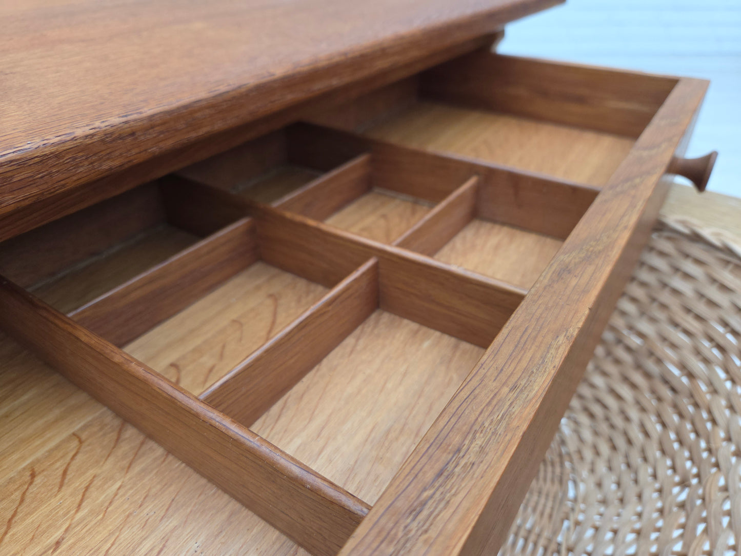 1970s, Scandinavian side table with drawers, solid oak wood, rattan.