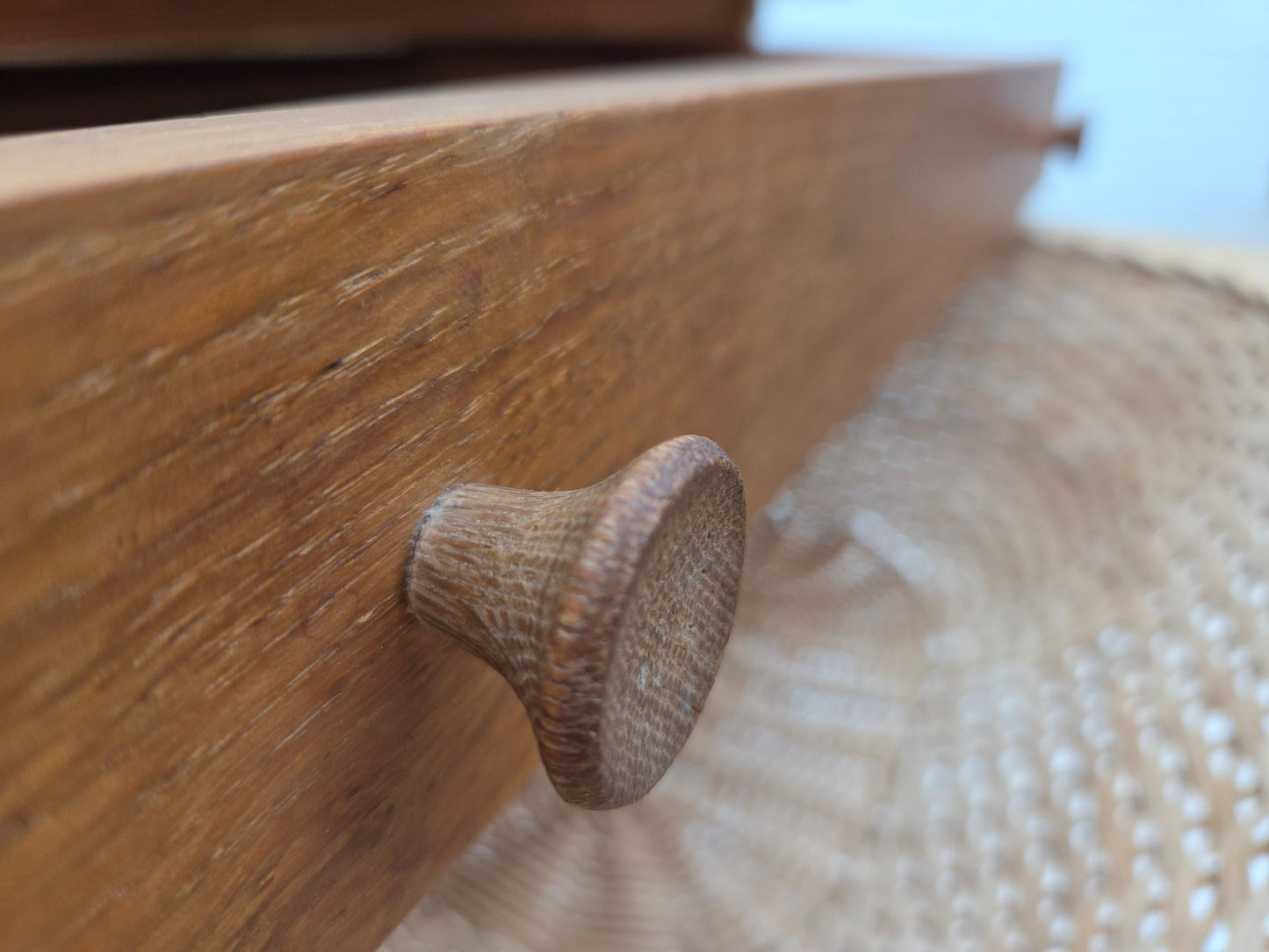 1970s, Scandinavian side table with drawers, solid oak wood, rattan.
