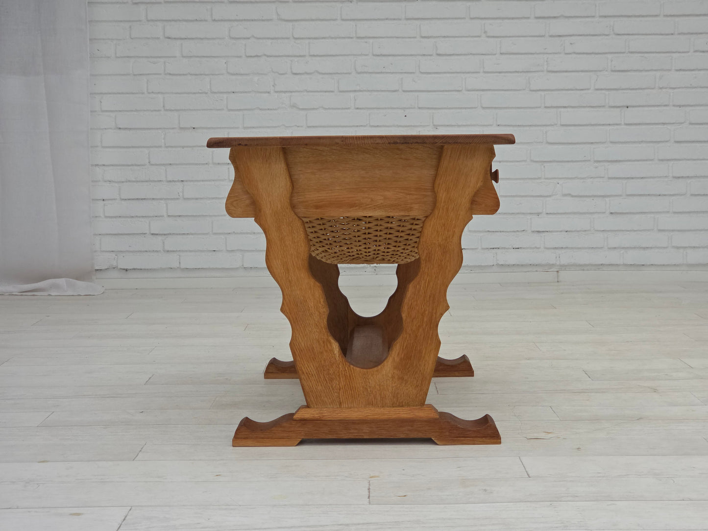 1970s, Scandinavian side table with drawers, solid oak wood, rattan.