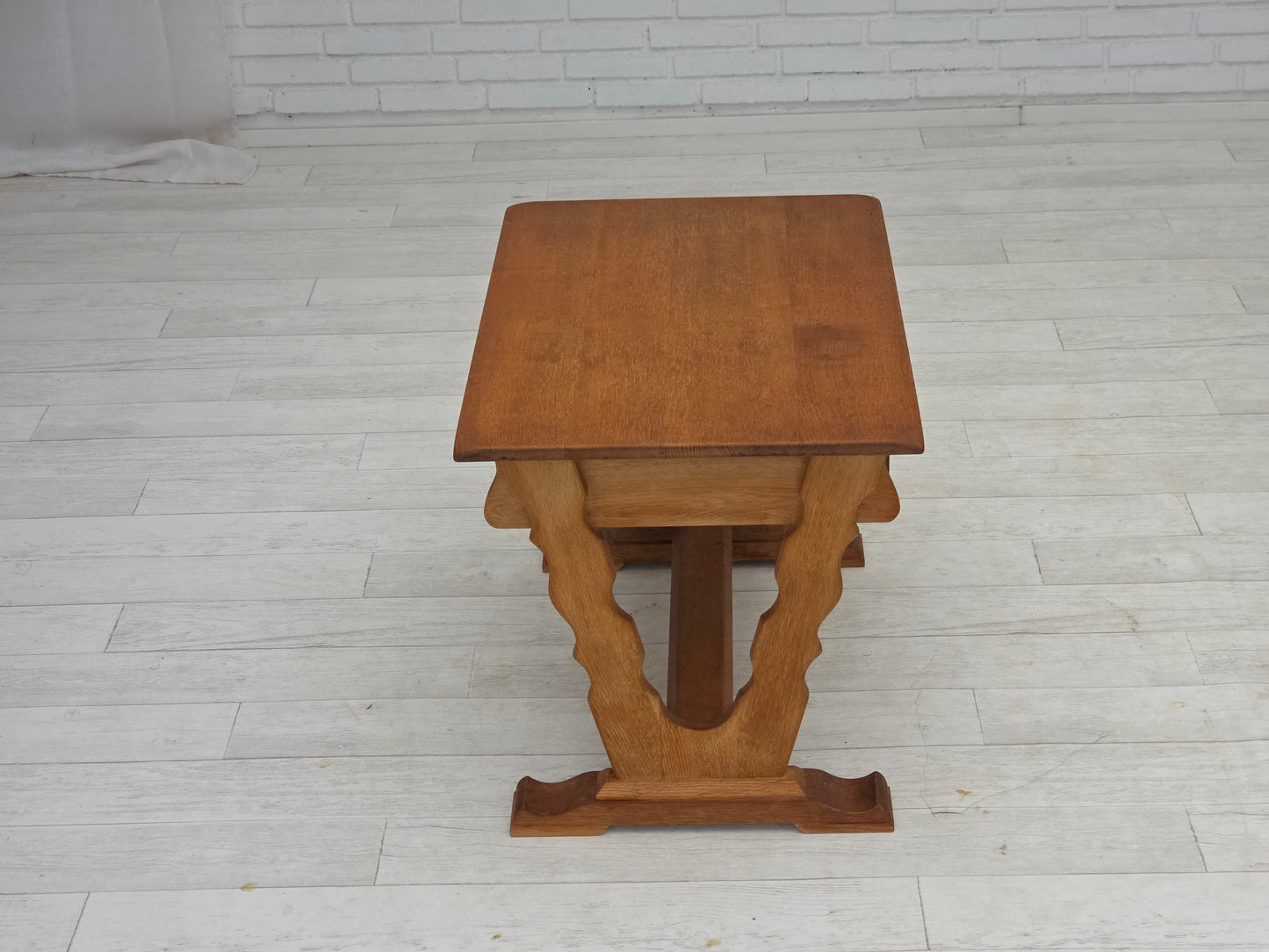 1970s, Scandinavian side table with drawers, solid oak wood, rattan.