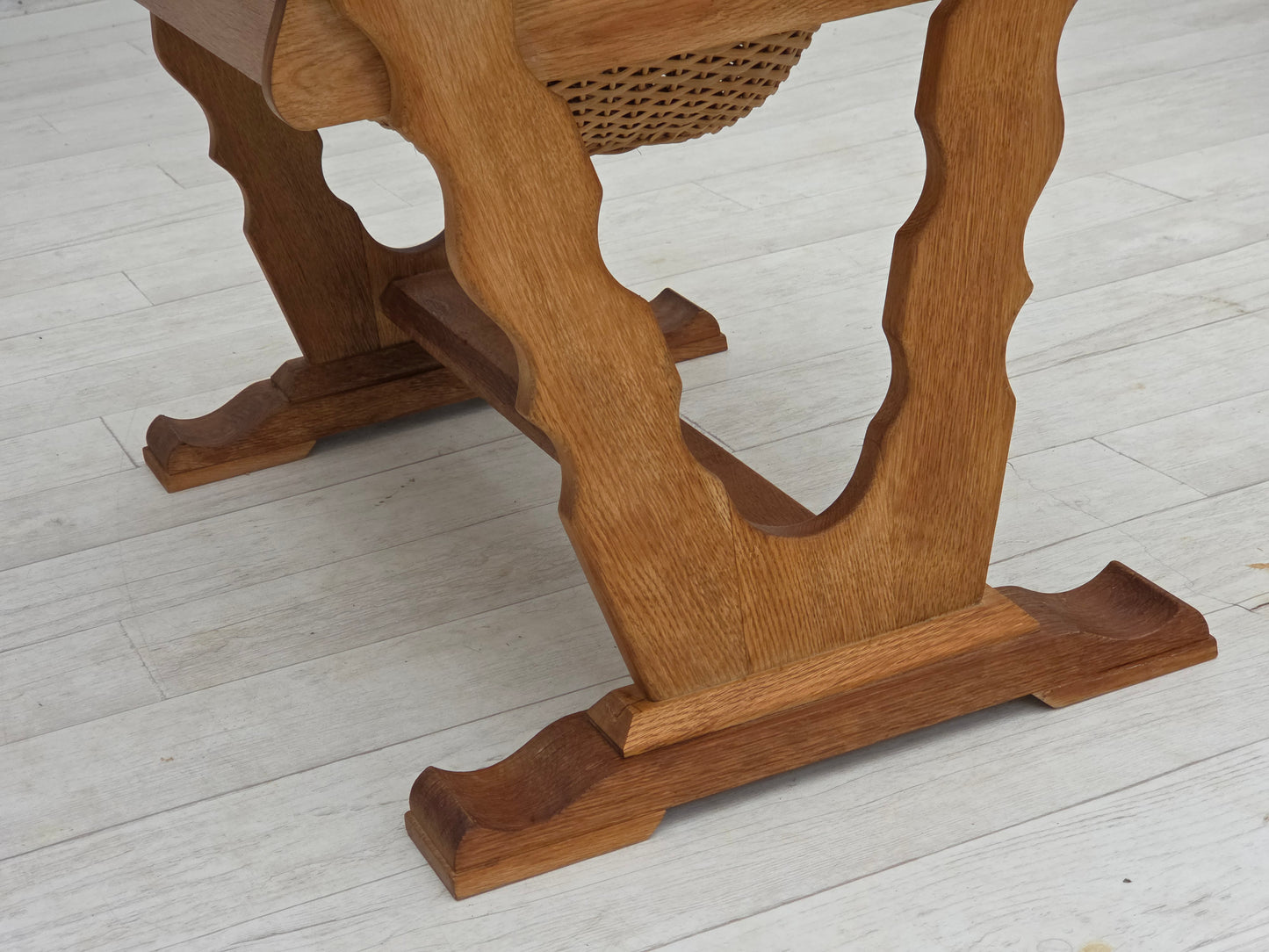 1970s, Scandinavian side table with drawers, solid oak wood, rattan.