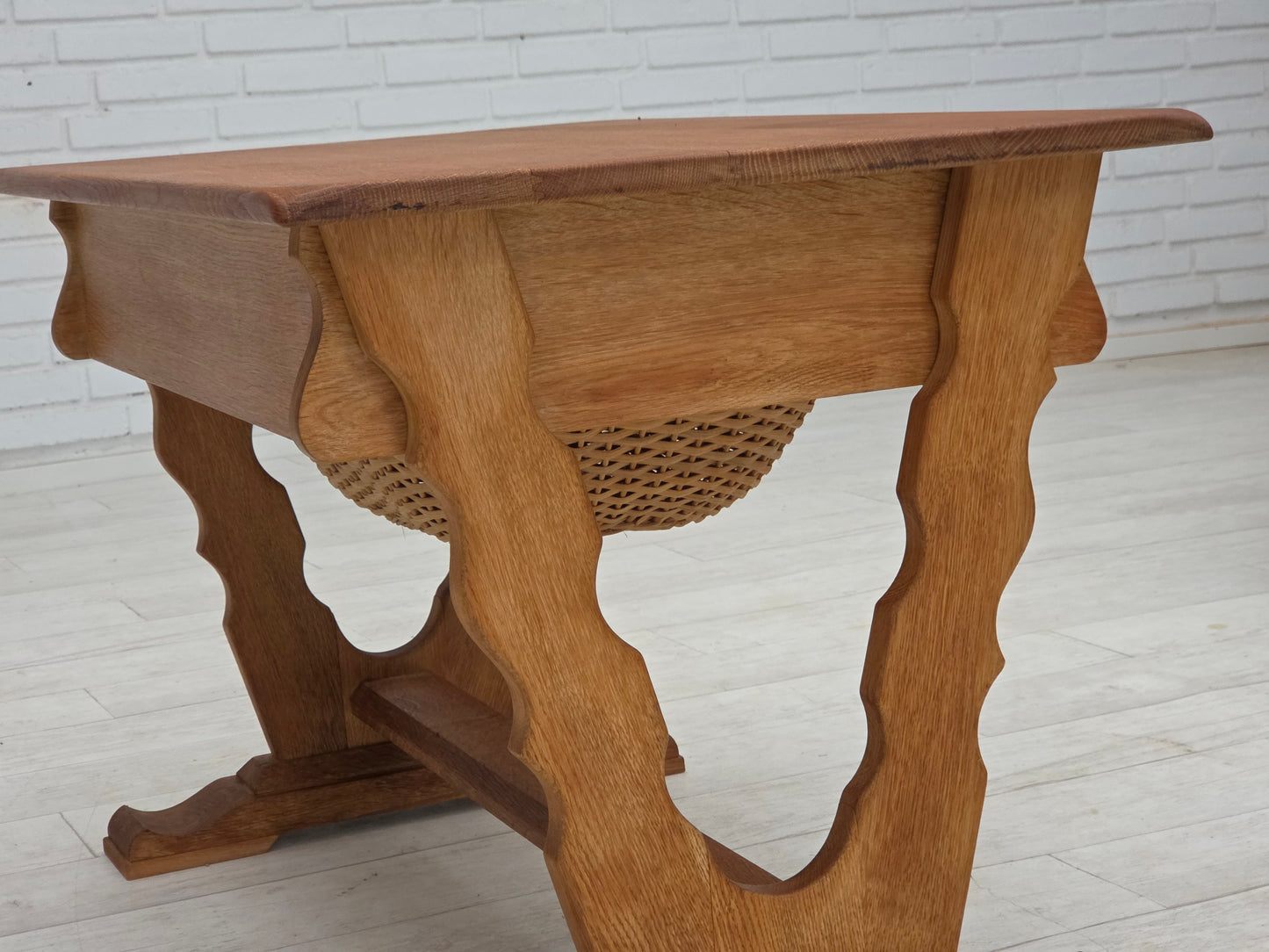 1970s, Scandinavian side table with drawers, solid oak wood, rattan.