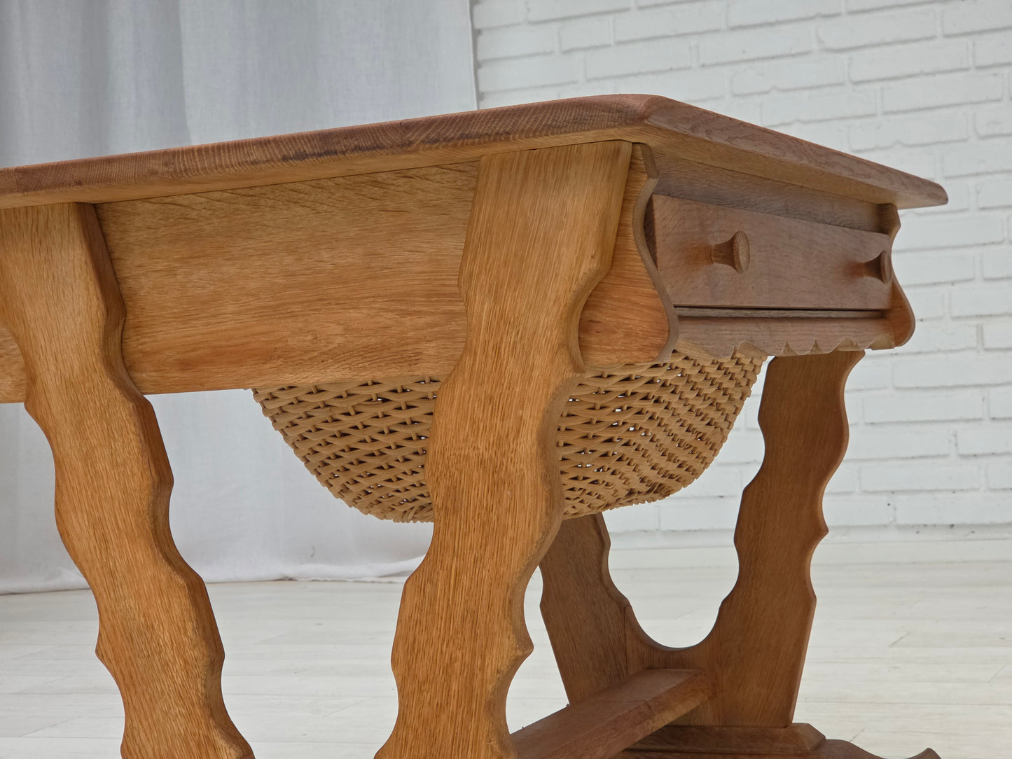 1970s, Scandinavian side table with drawers, solid oak wood, rattan.
