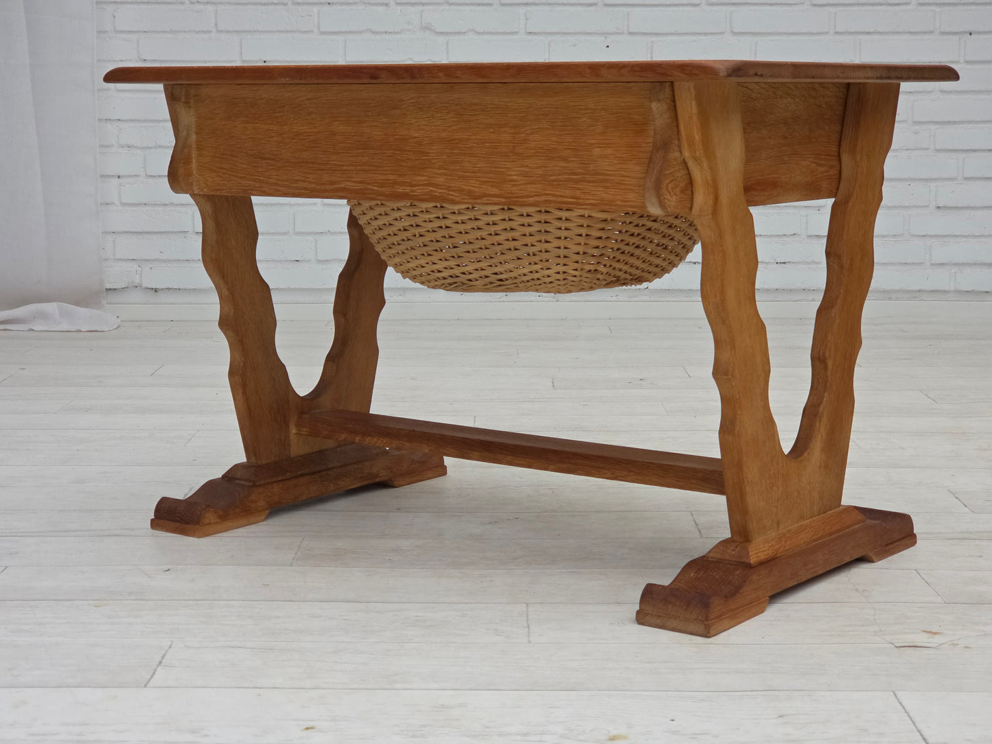 1970s, Scandinavian side table with drawers, solid oak wood, rattan.