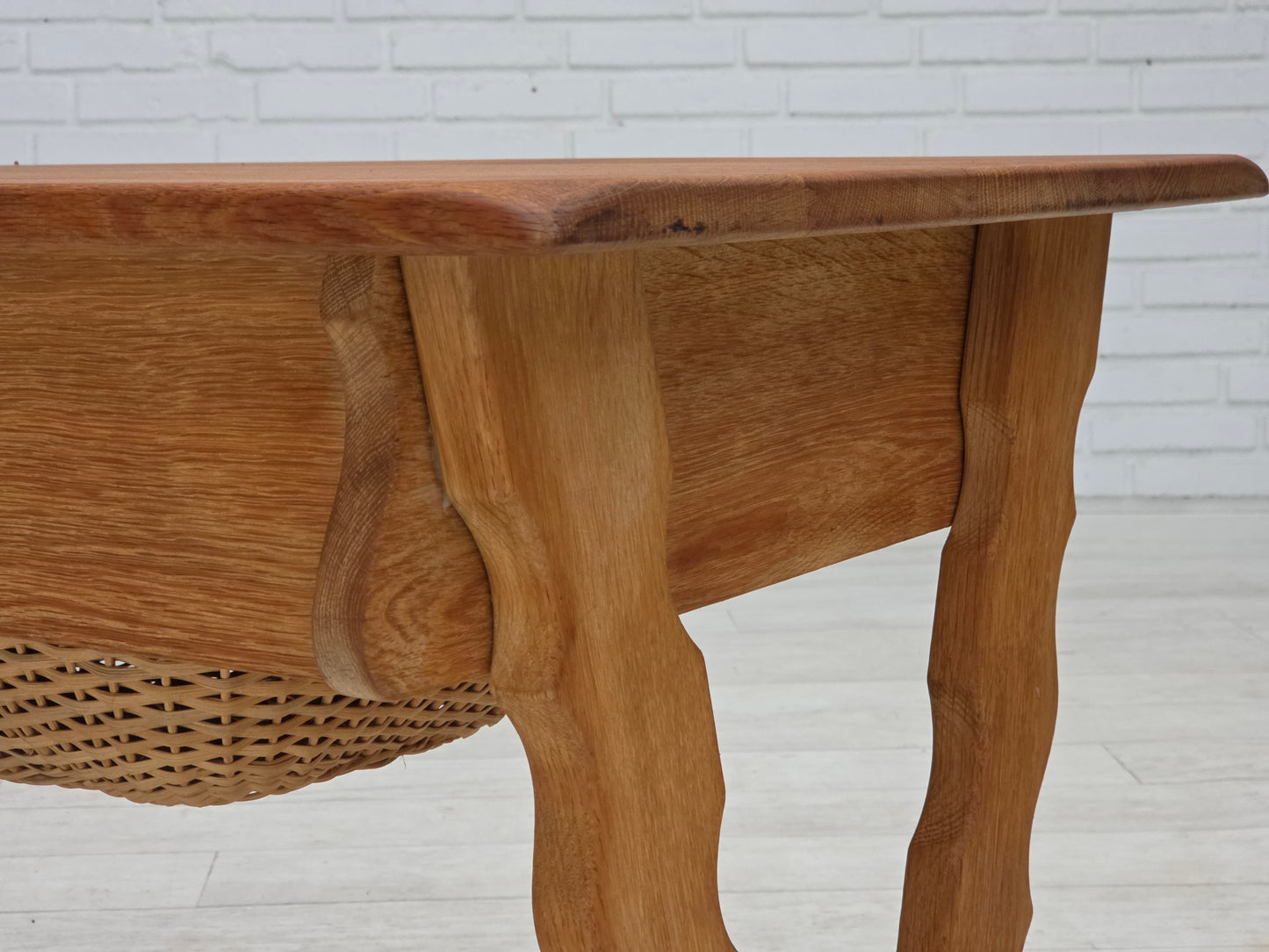 1970s, Scandinavian side table with drawers, solid oak wood, rattan.