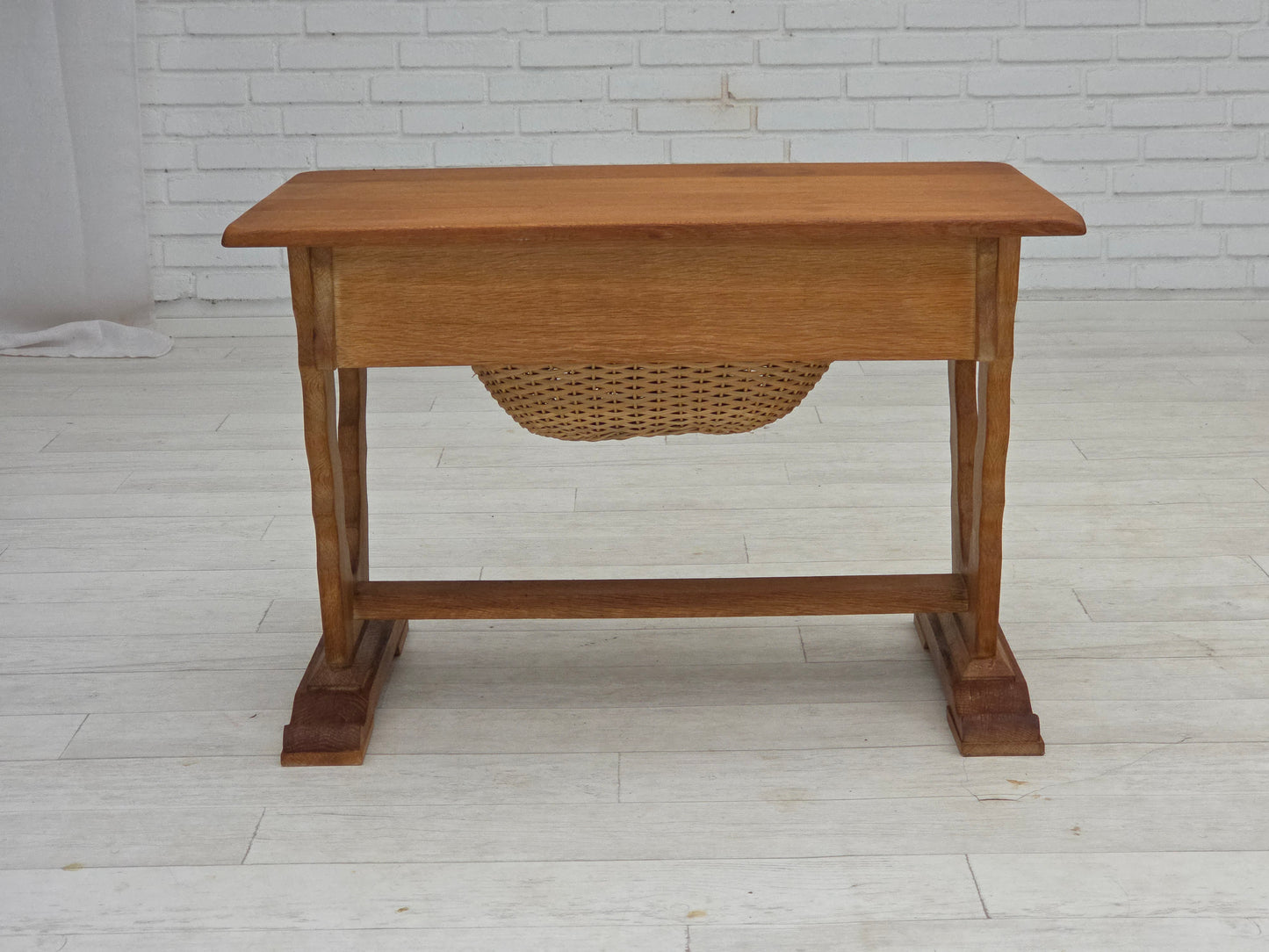 1970s, Scandinavian side table with drawers, solid oak wood, rattan.