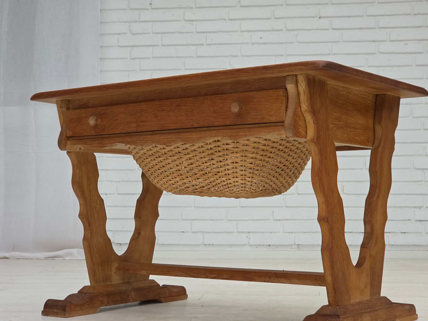 1970s, Scandinavian side table with drawers, solid oak wood, rattan.
