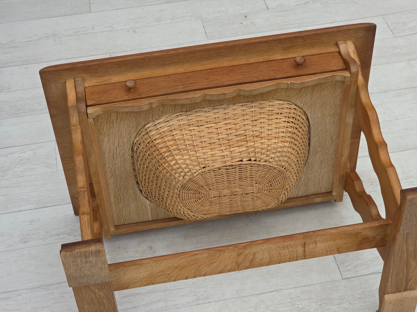 1970s, Scandinavian side table with drawers, solid oak wood, rattan.