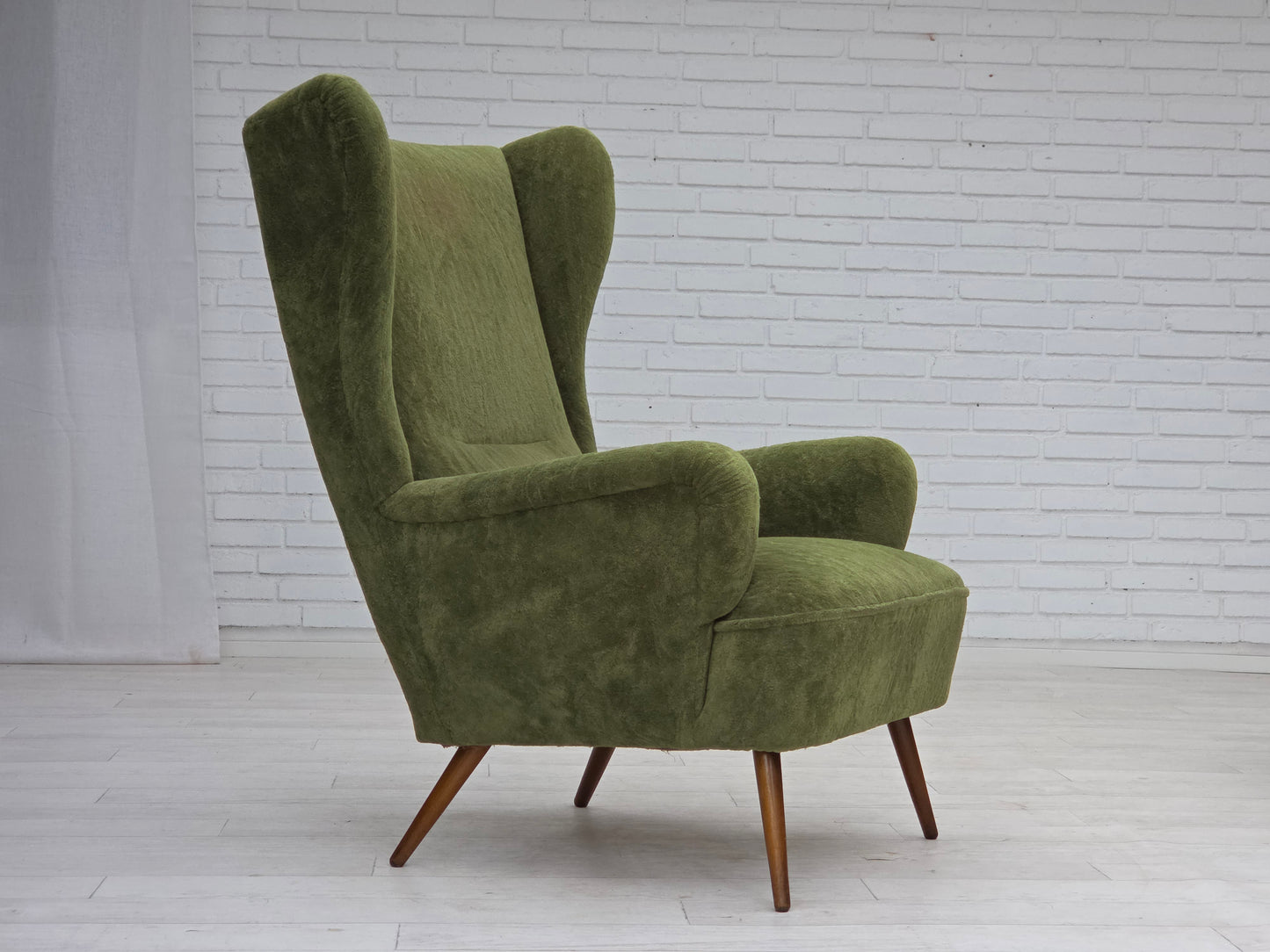 1960s, Scandinavian design, highback armchair, furniture velour, beech wood legs.