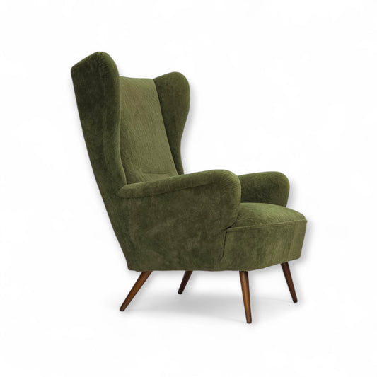 1960s, Scandinavian design, highback armchair, furniture velour, beech wood legs.