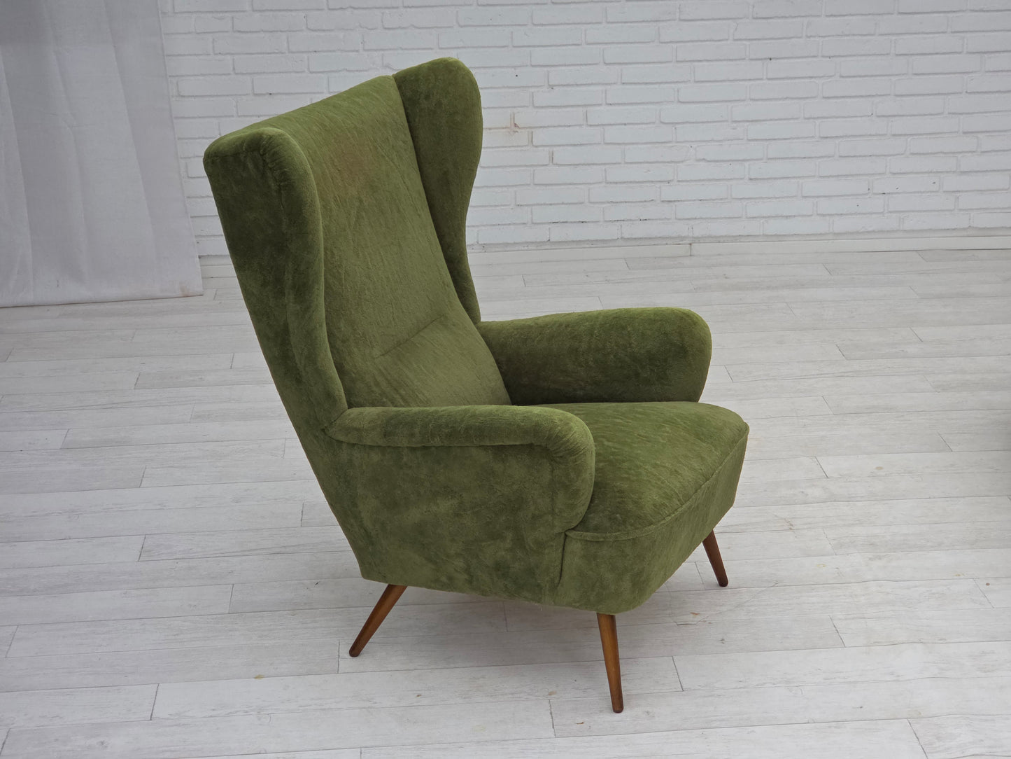 1960s, Scandinavian design, highback armchair, furniture velour, beech wood legs.
