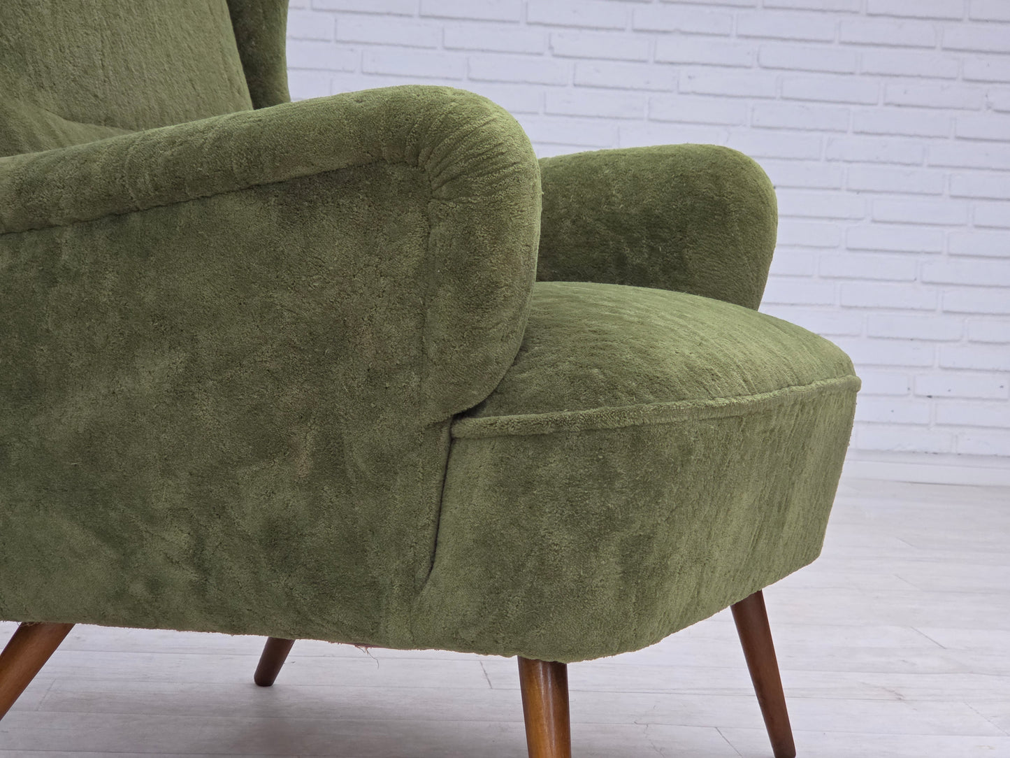 1960s, Scandinavian design, highback armchair, furniture velour, beech wood legs.