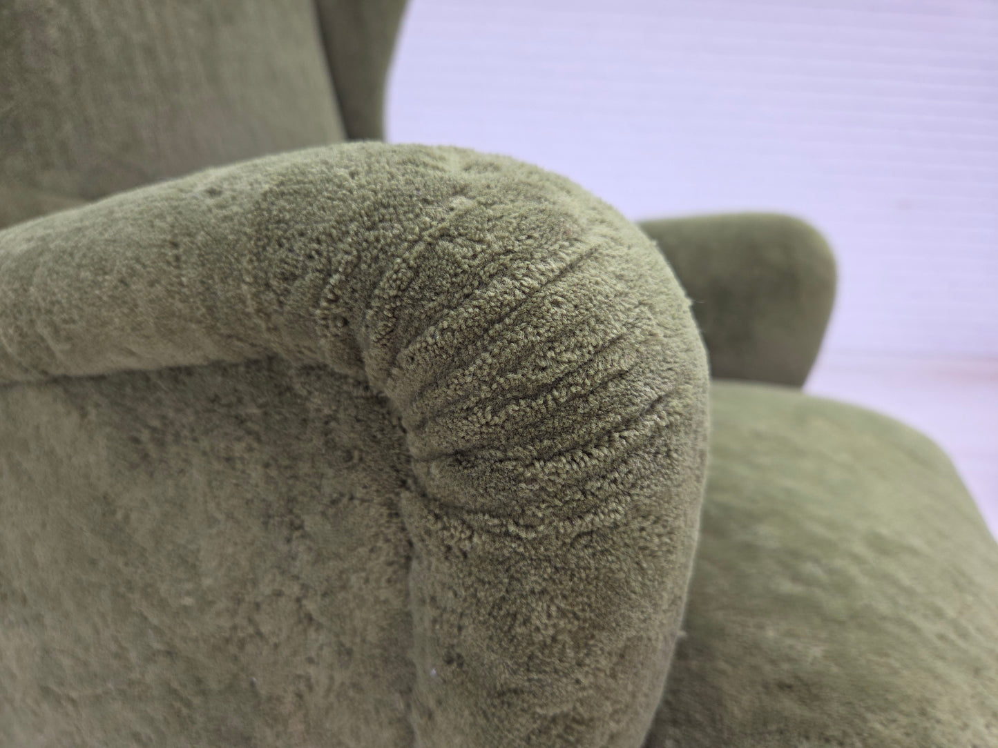 1960s, Scandinavian design, highback armchair, furniture velour, beech wood legs.