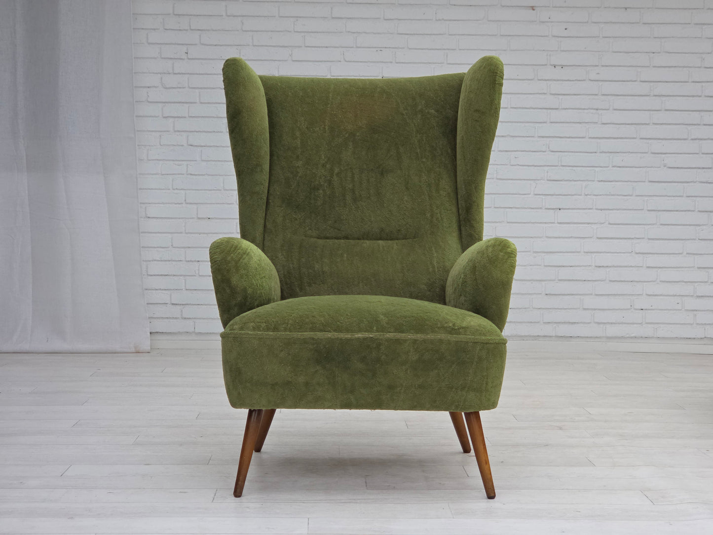 1960s, Scandinavian design, highback armchair, furniture velour, beech wood legs.