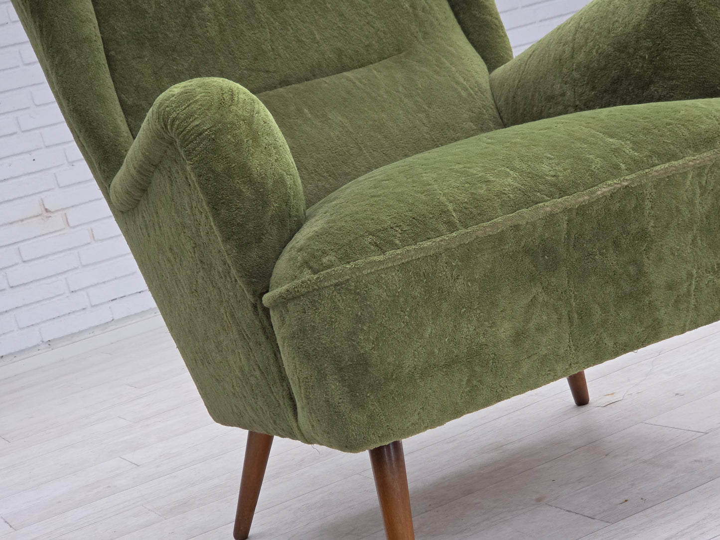 1960s, Scandinavian design, highback armchair, furniture velour, beech wood legs.