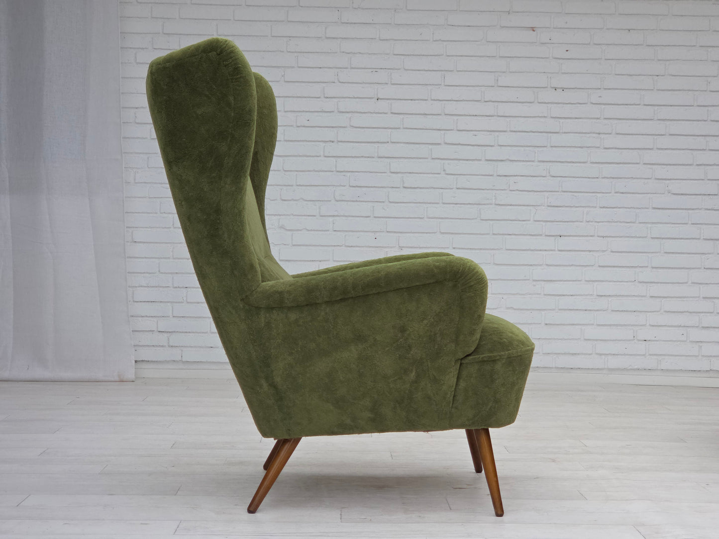 1960s, Scandinavian design, highback armchair, furniture velour, beech wood legs.