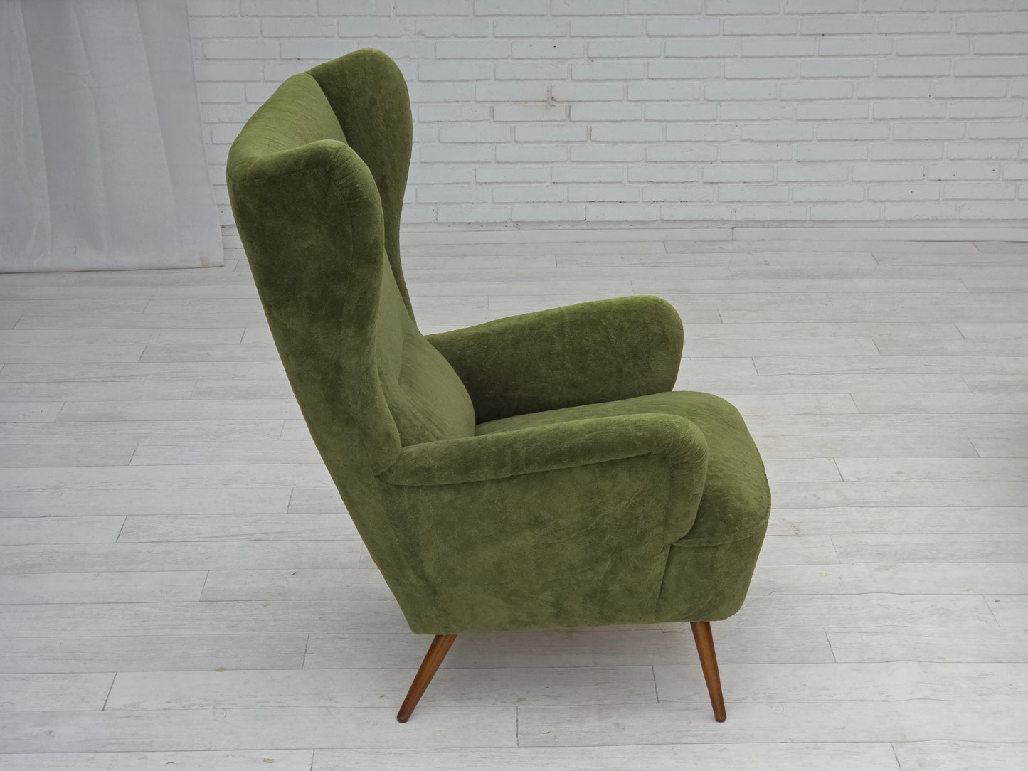 1960s, Scandinavian design, highback armchair, furniture velour, beech wood legs.