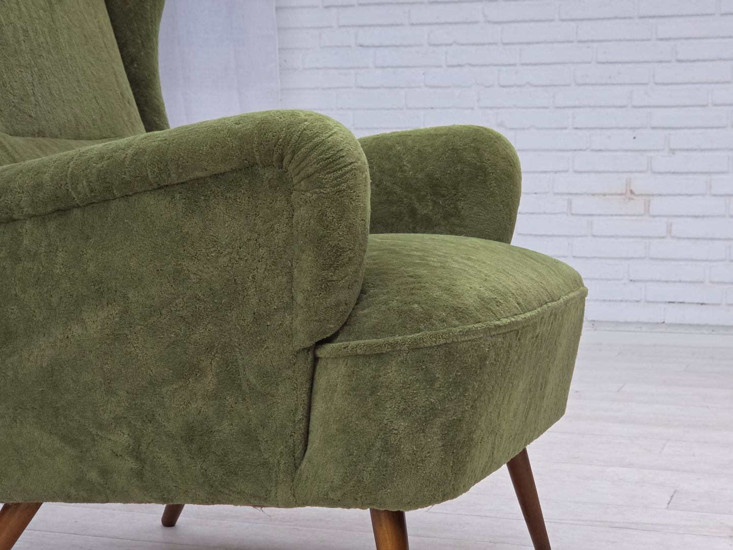 1960s, Scandinavian design, highback armchair, furniture velour, beech wood legs.