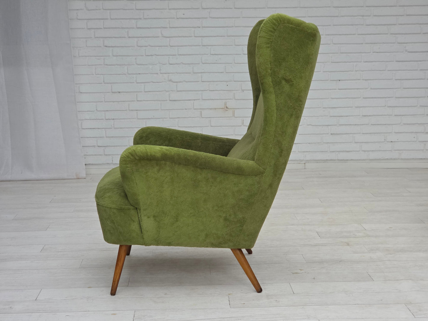 1960s, Scandinavian design, highback armchair, furniture velour, beech wood legs.