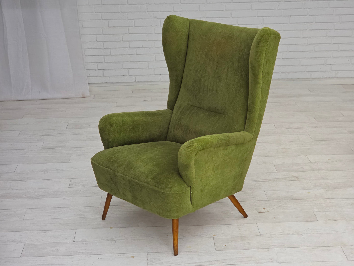 1960s, Scandinavian design, highback armchair, furniture velour, beech wood legs.