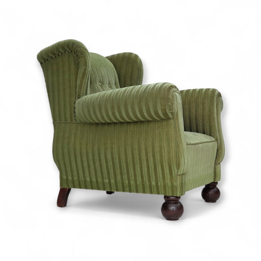 1950s, Danish relax armchair, green furniture velour fabric, ash wood legs.