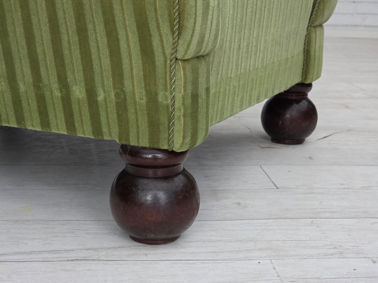 1950s, Danish relax armchair, green furniture velour fabric, ash wood legs.