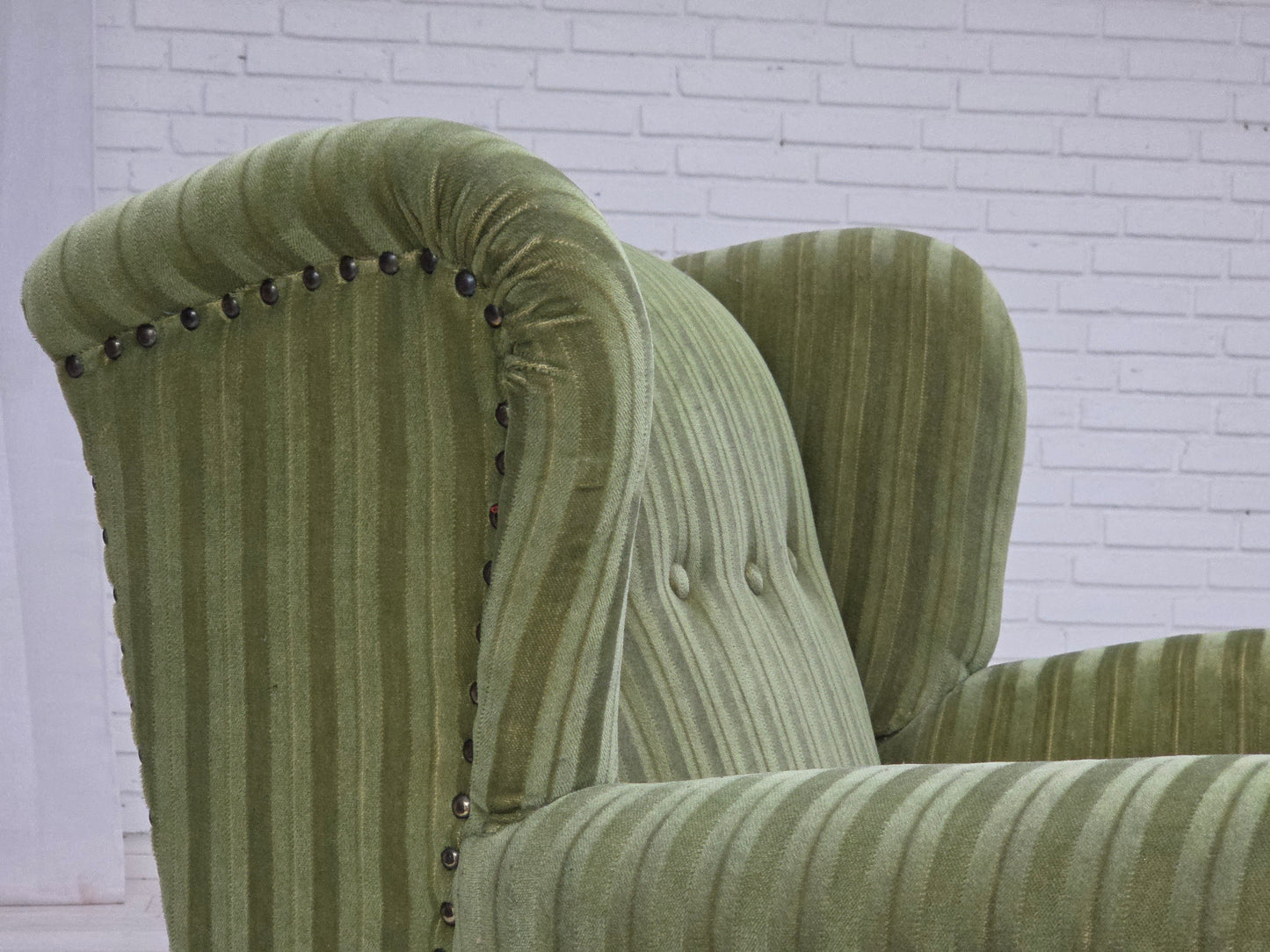 1950s, Danish relax armchair, green furniture velour fabric, ash wood legs.