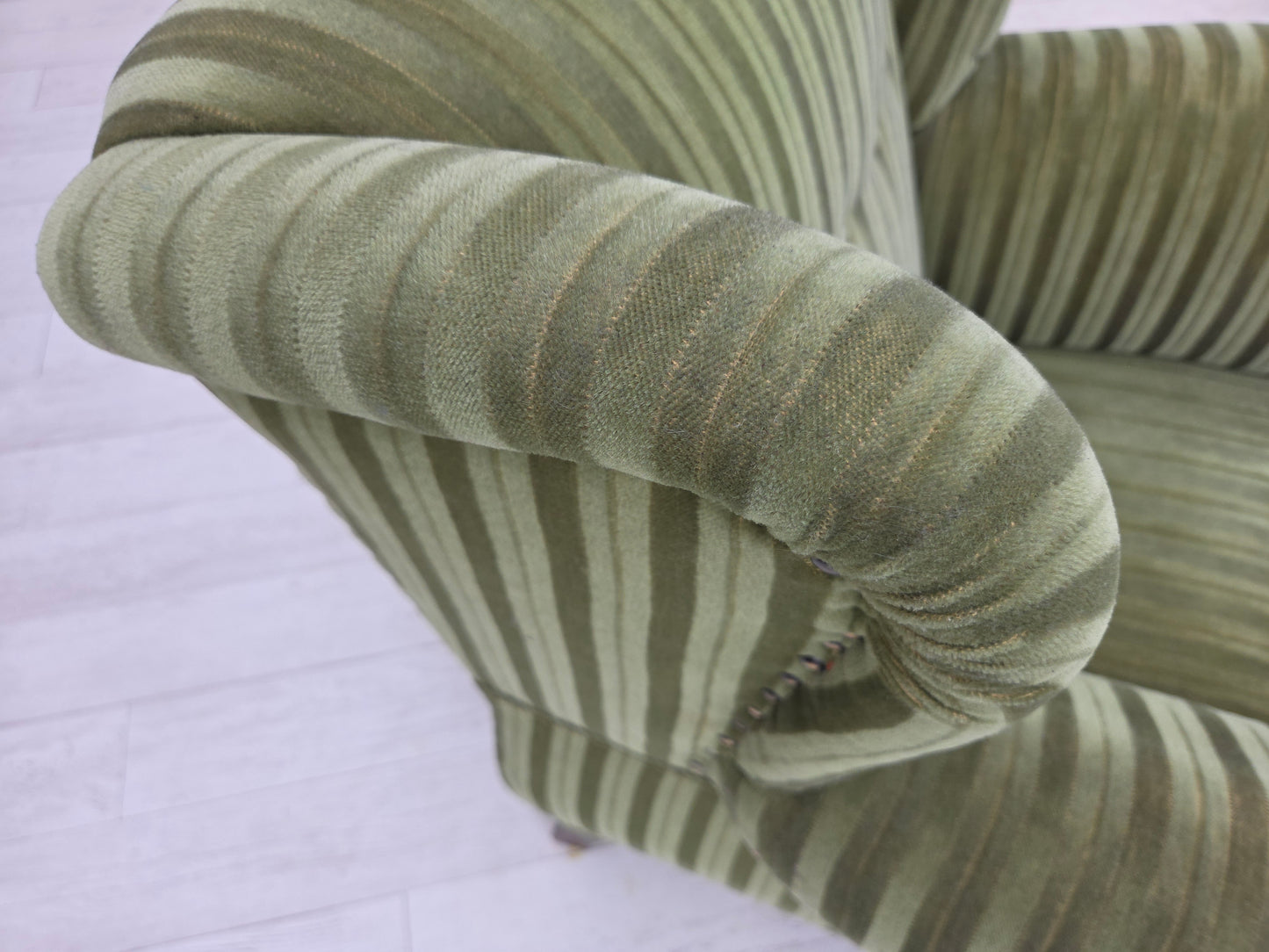 1950s, Danish relax armchair, green furniture velour fabric, ash wood legs.