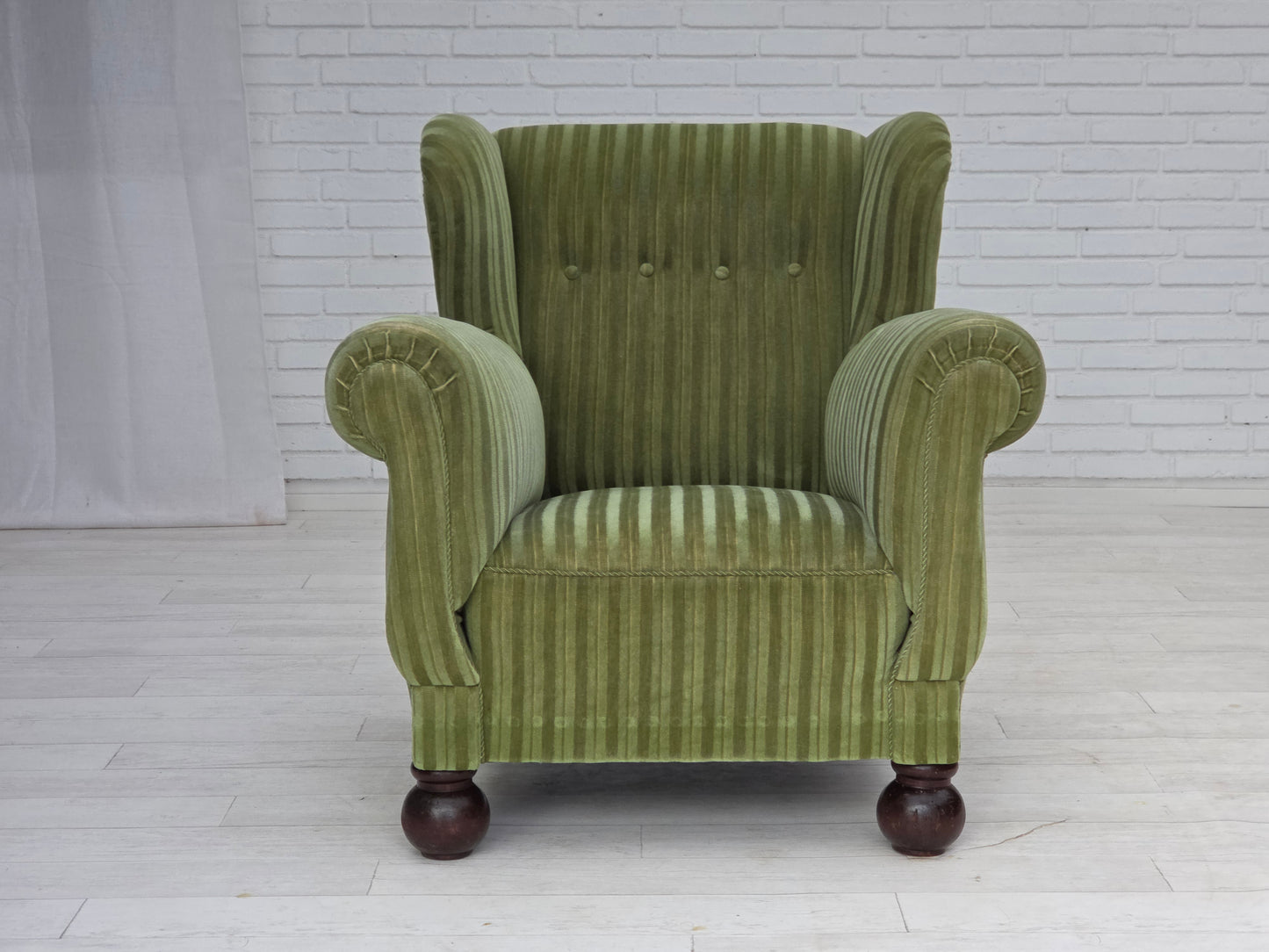 1950s, Danish relax armchair, green furniture velour fabric, ash wood legs.