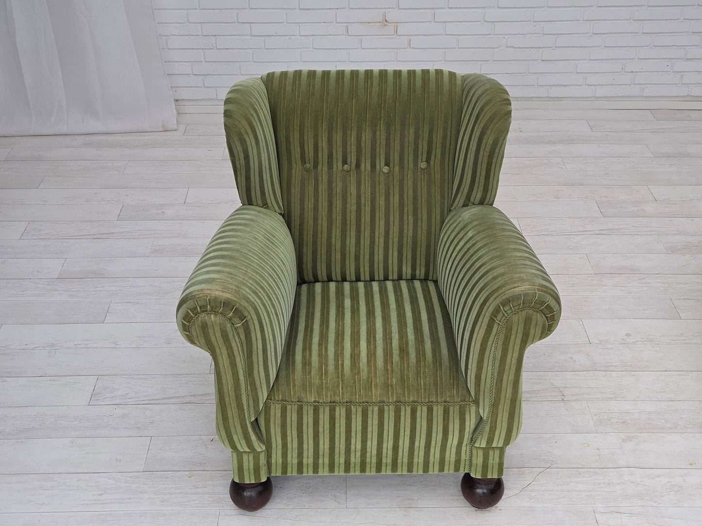 1950s, Danish relax armchair, green furniture velour fabric, ash wood legs.