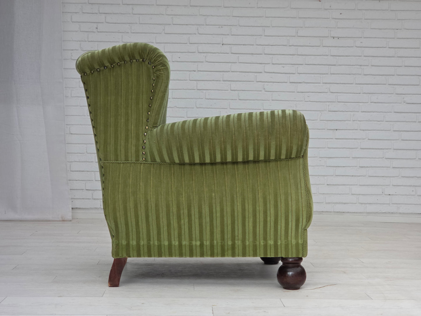 1950s, Danish relax armchair, green furniture velour fabric, ash wood legs.