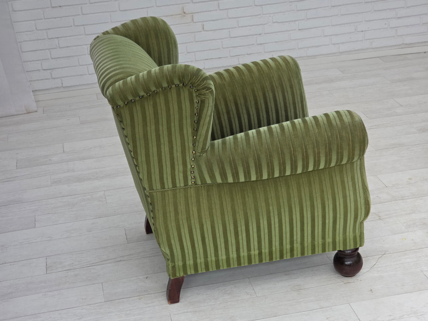 1950s, Danish relax armchair, green furniture velour fabric, ash wood legs.