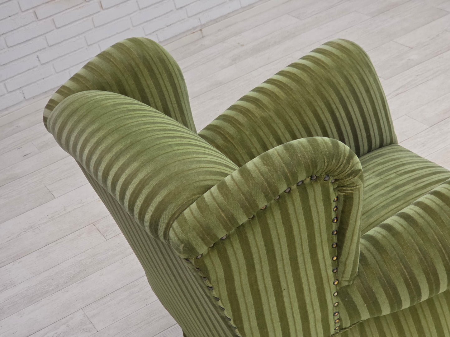 1950s, Danish relax armchair, green furniture velour fabric, ash wood legs.