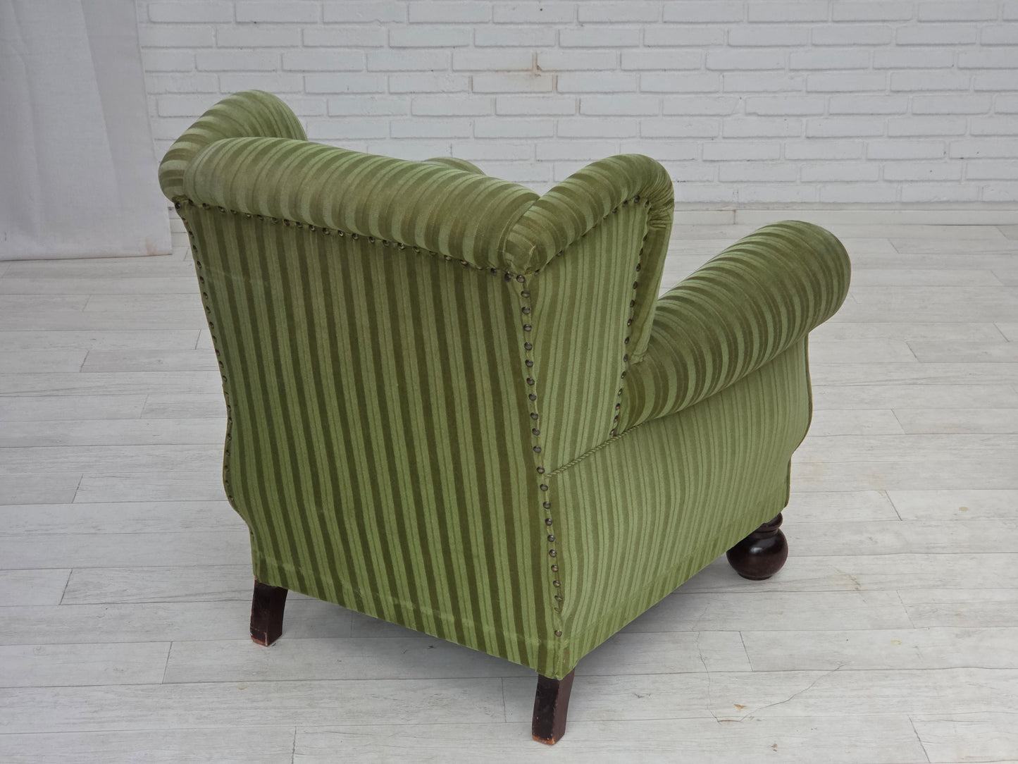 1950s, Danish relax armchair, green furniture velour fabric, ash wood legs.