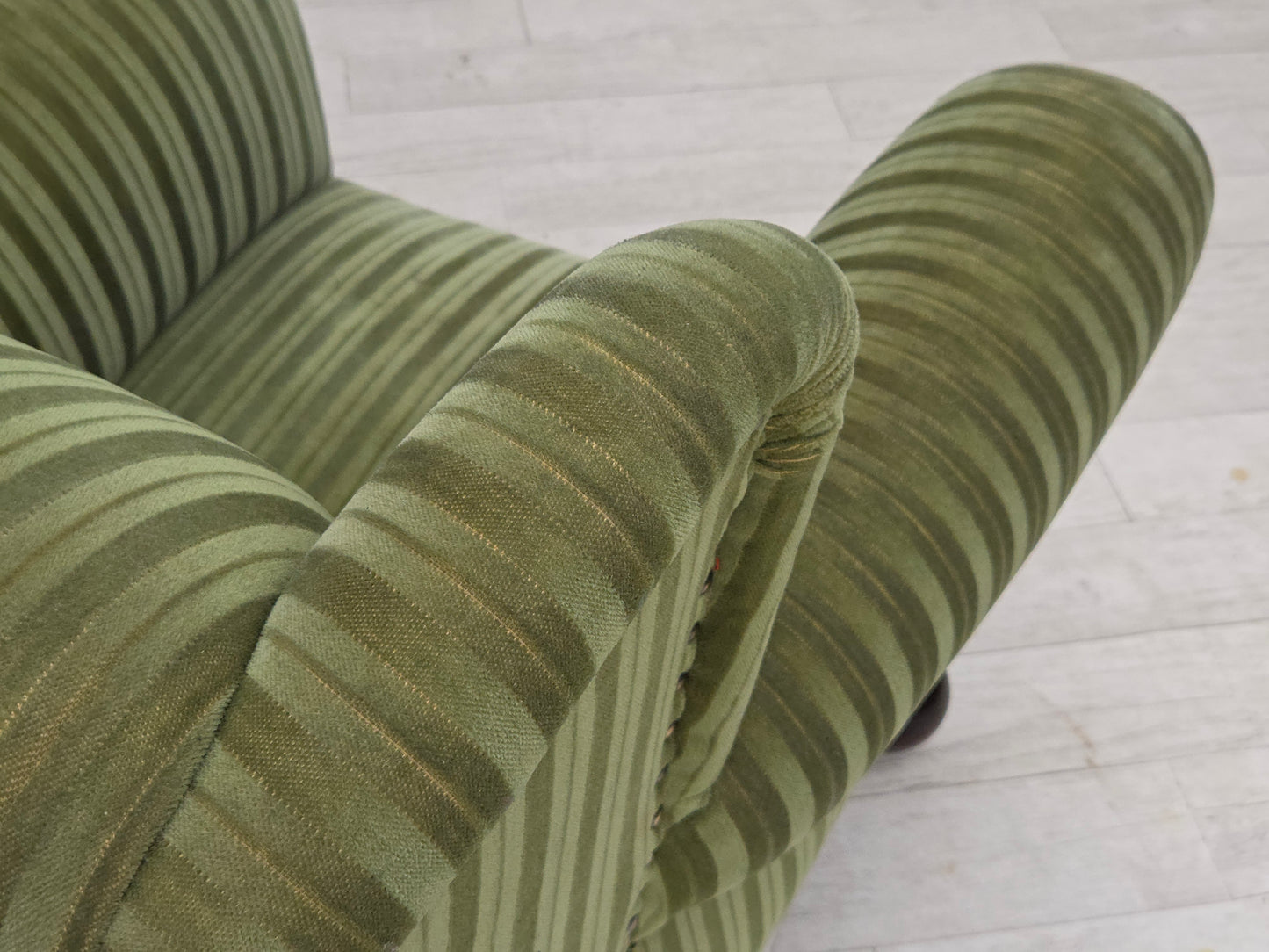 1950s, Danish relax armchair, green furniture velour fabric, ash wood legs.