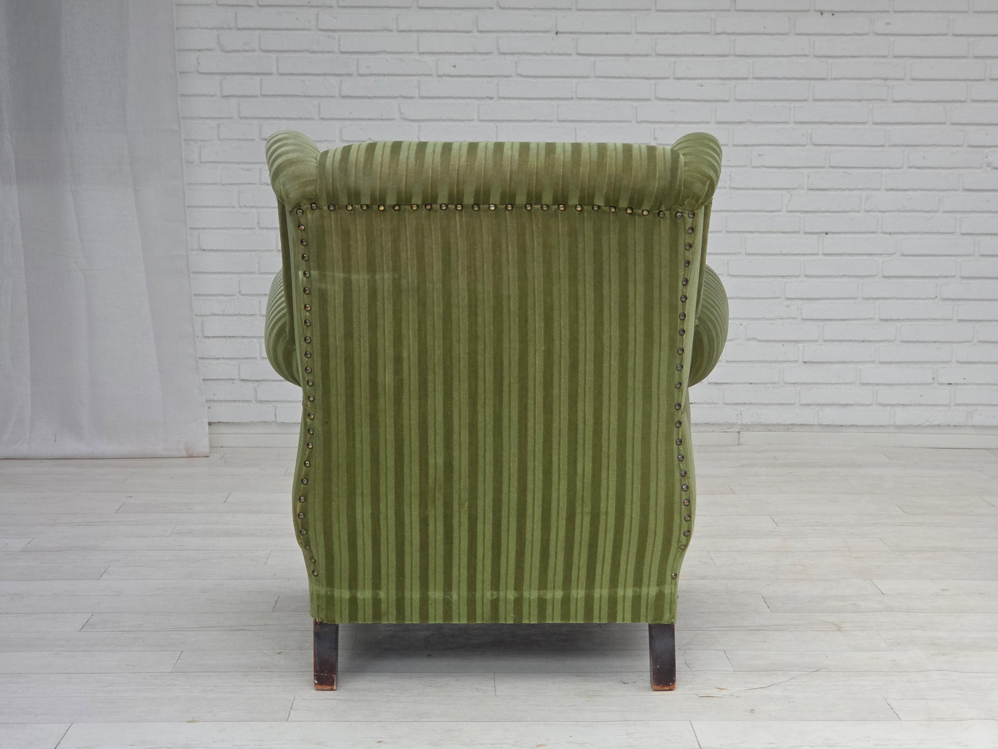 1950s, Danish relax armchair, green furniture velour fabric, ash wood legs.