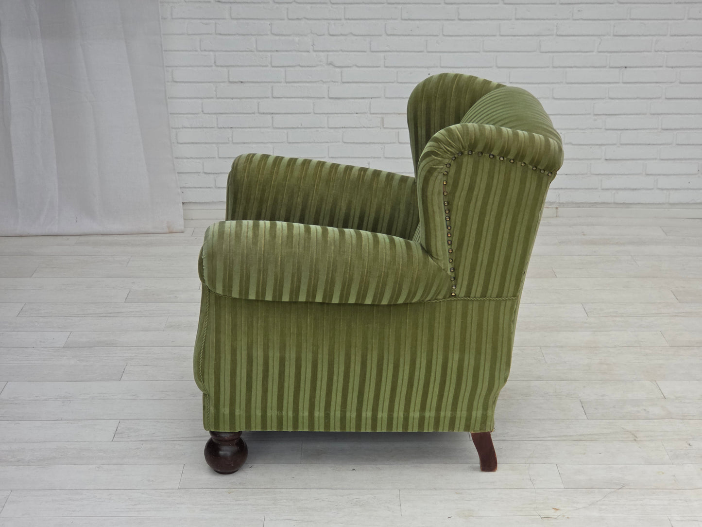 1950s, Danish relax armchair, green furniture velour fabric, ash wood legs.