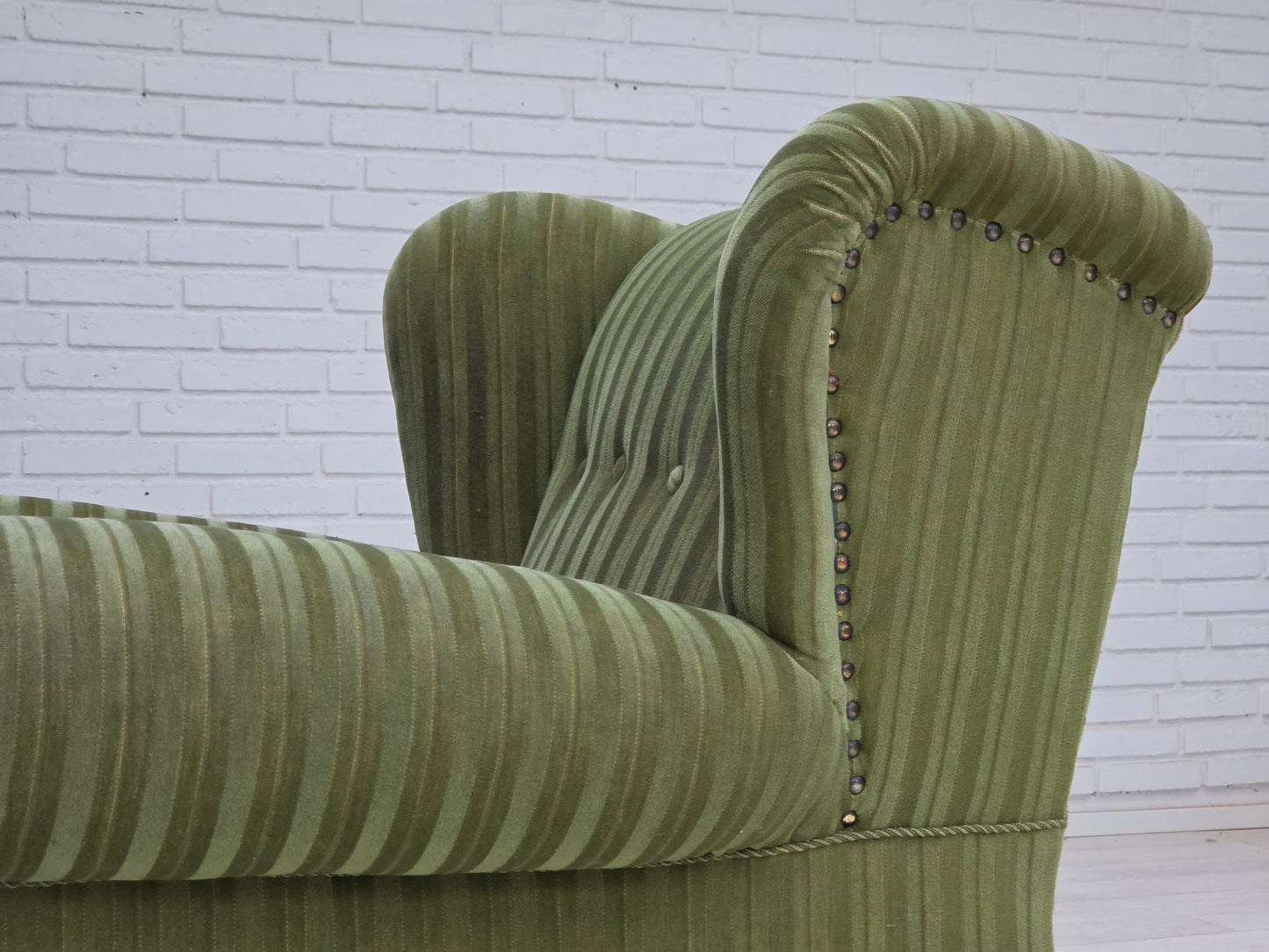 1950s, Danish relax armchair, green furniture velour fabric, ash wood legs.