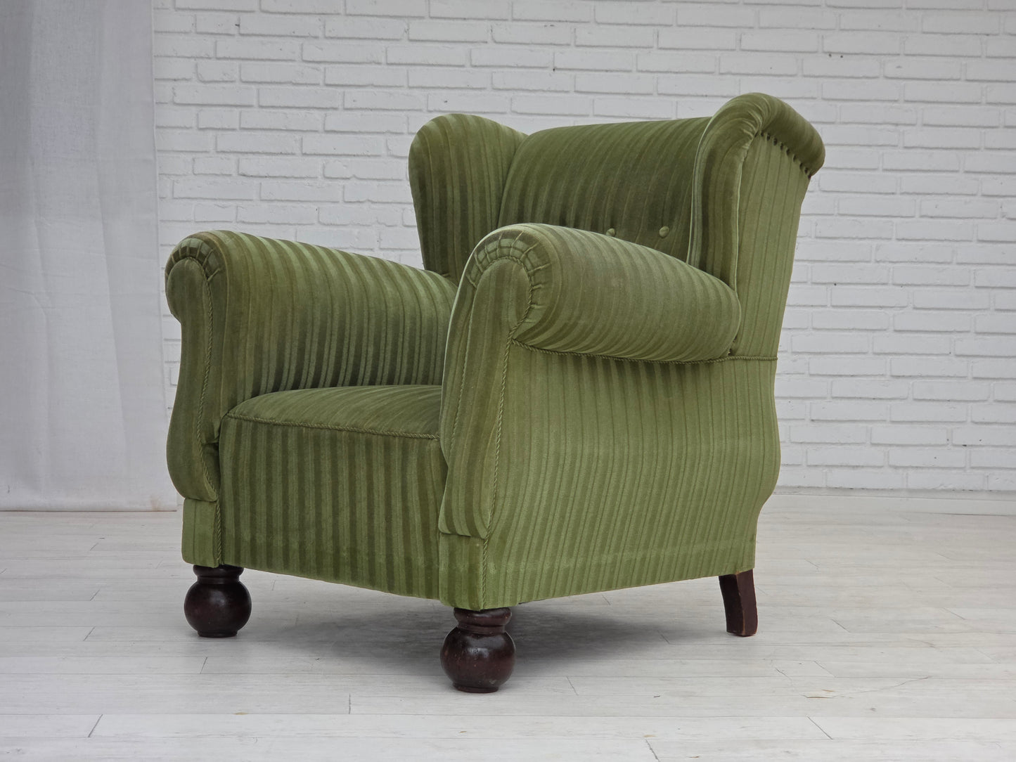1950s, Danish relax armchair, green furniture velour fabric, ash wood legs.