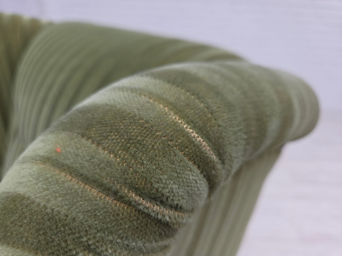 1950s, Danish relax armchair, green furniture velour fabric, ash wood legs.