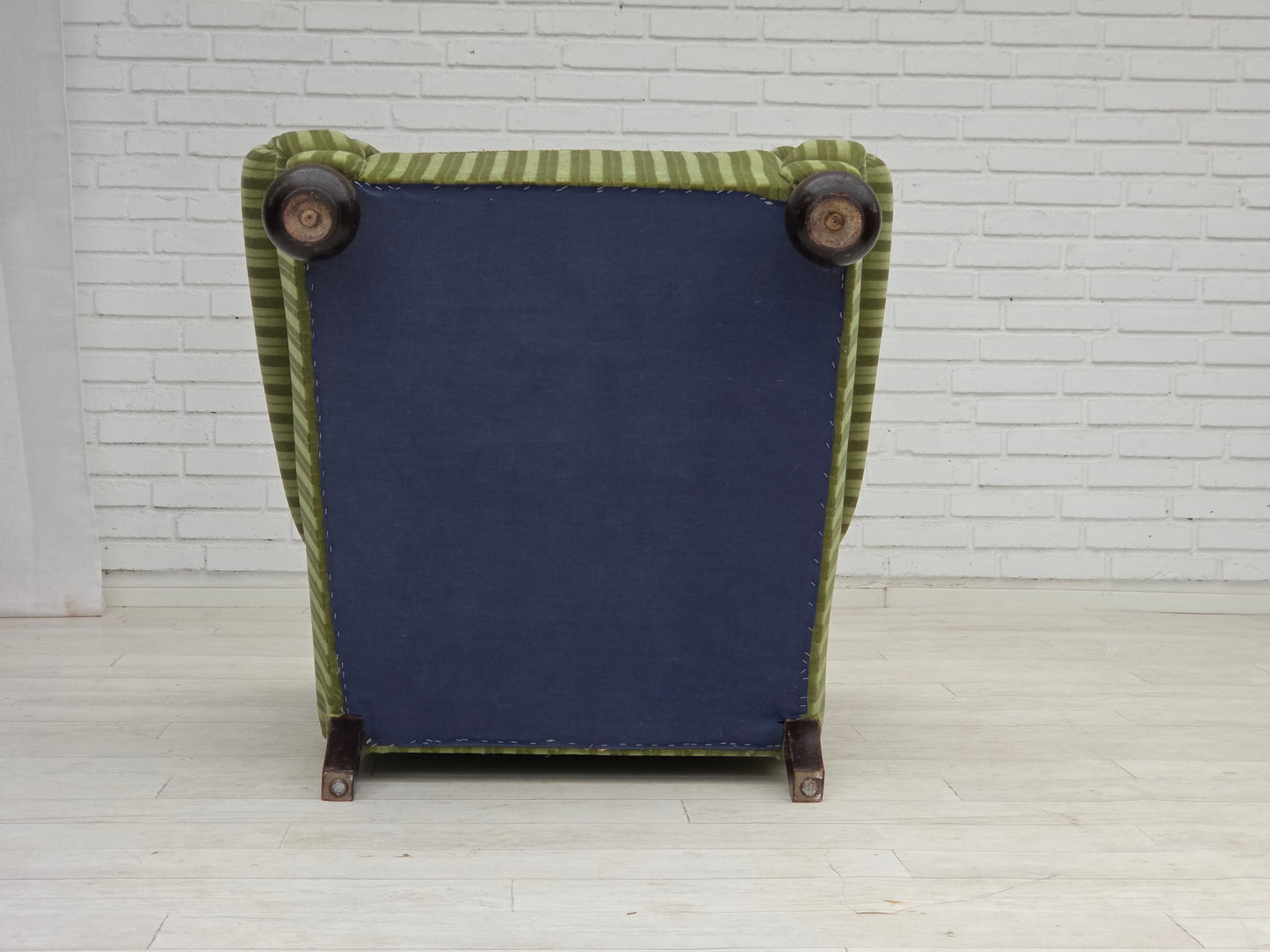 1950s, Danish relax armchair, green furniture velour fabric, ash wood legs.