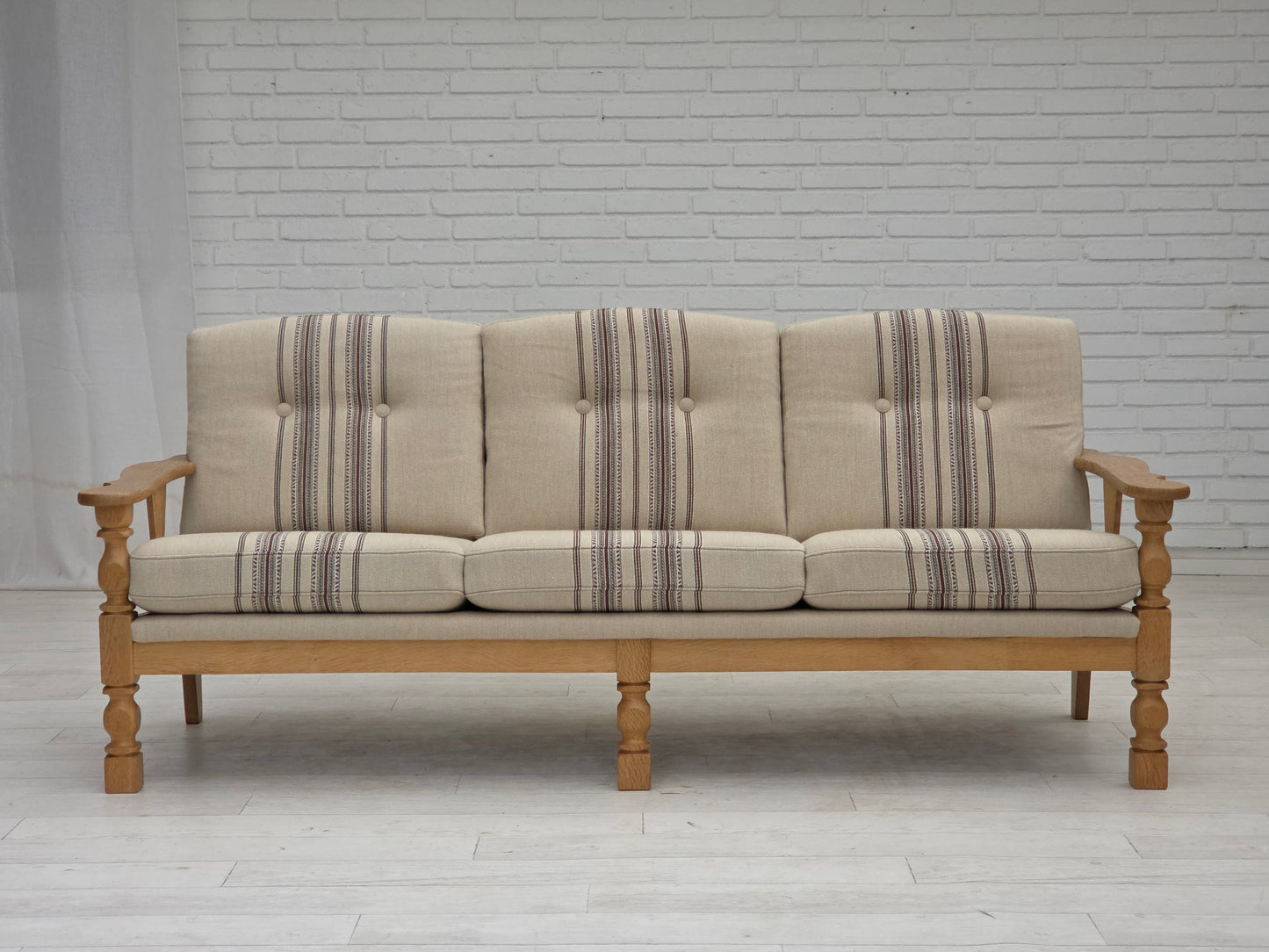1970s, Danish 3-seater sofa, beige furniture wool, solid oak wood.