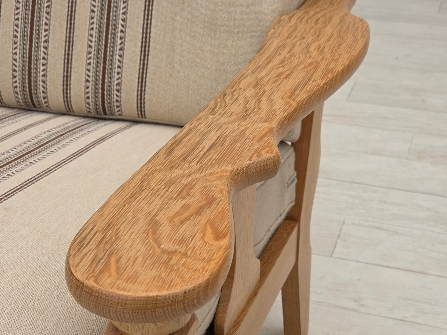 1970s, Danish 3-seater sofa, beige furniture wool, solid oak wood.