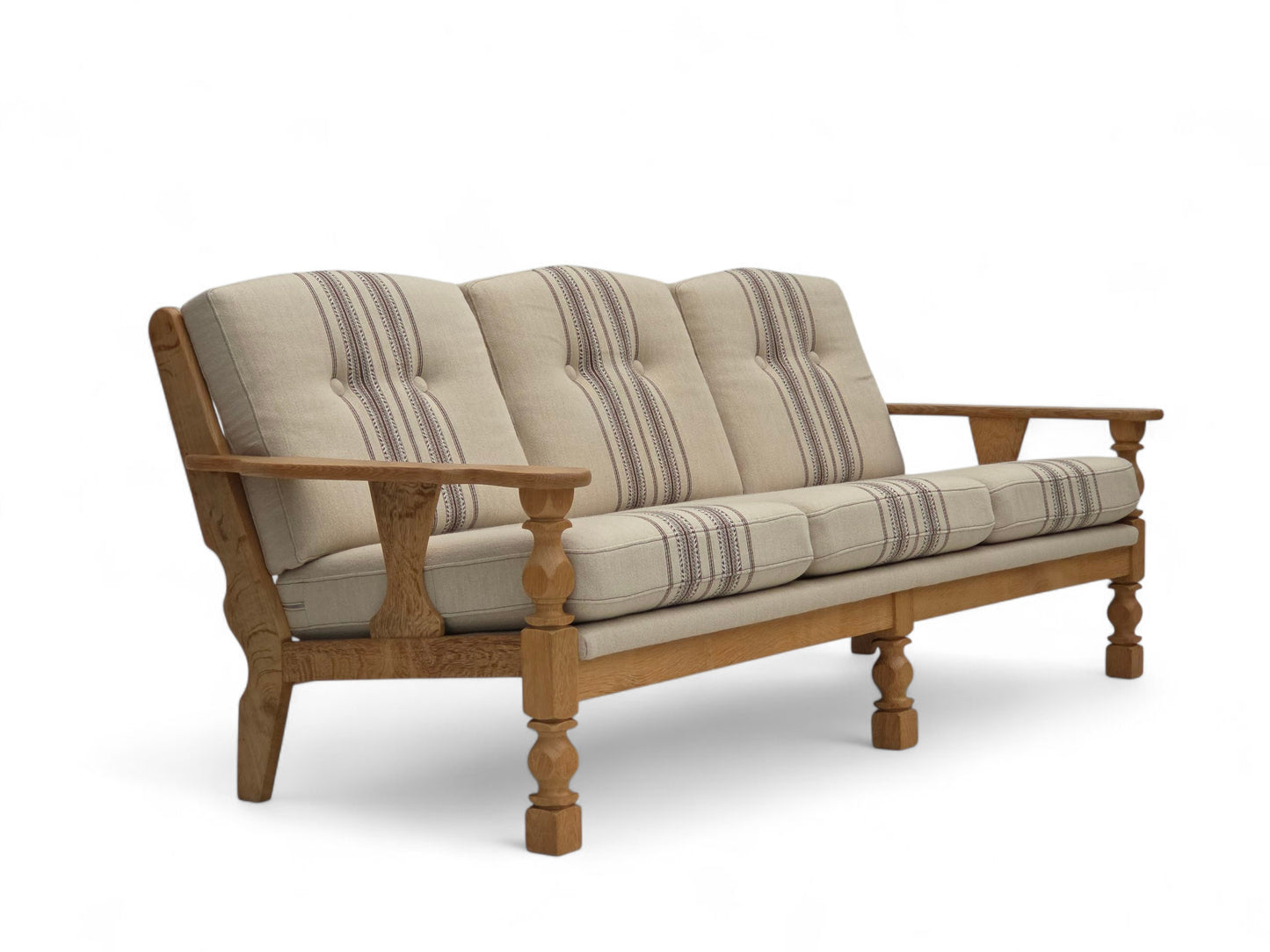 1970s, Danish 3-seater sofa, beige furniture wool, solid oak wood.