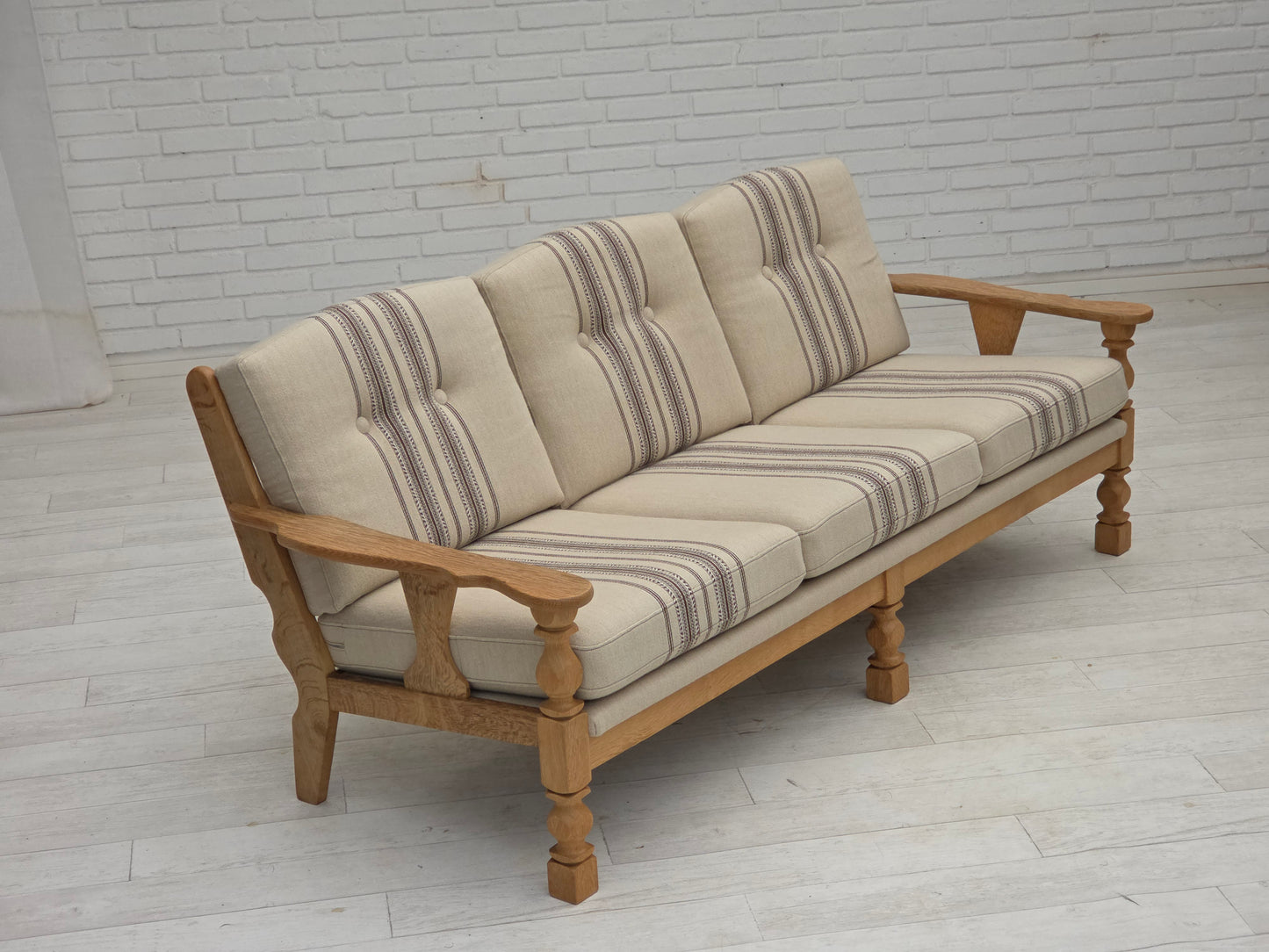1970s, Danish 3-seater sofa, beige furniture wool, solid oak wood.