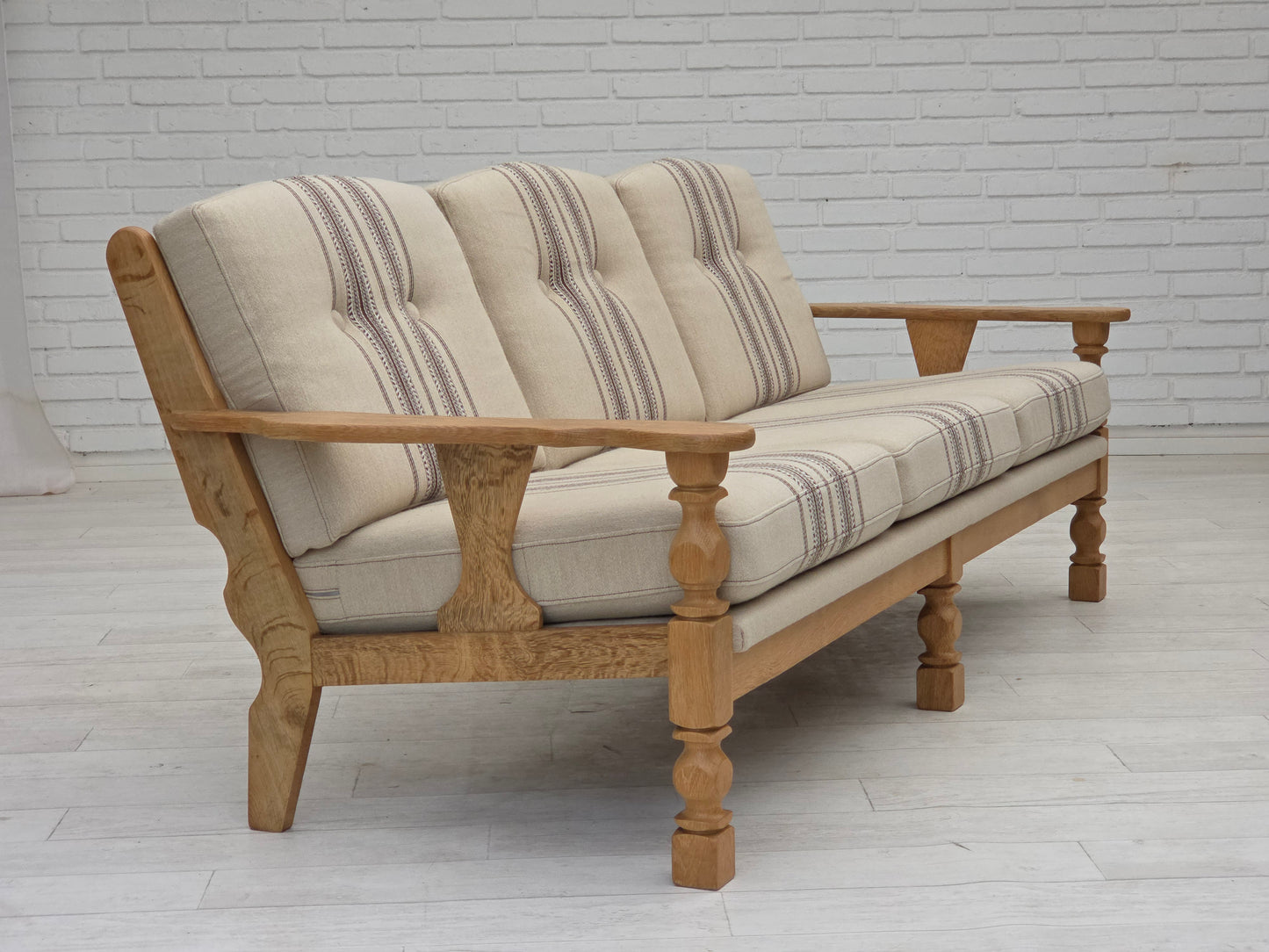 1970s, Danish 3-seater sofa, beige furniture wool, solid oak wood.